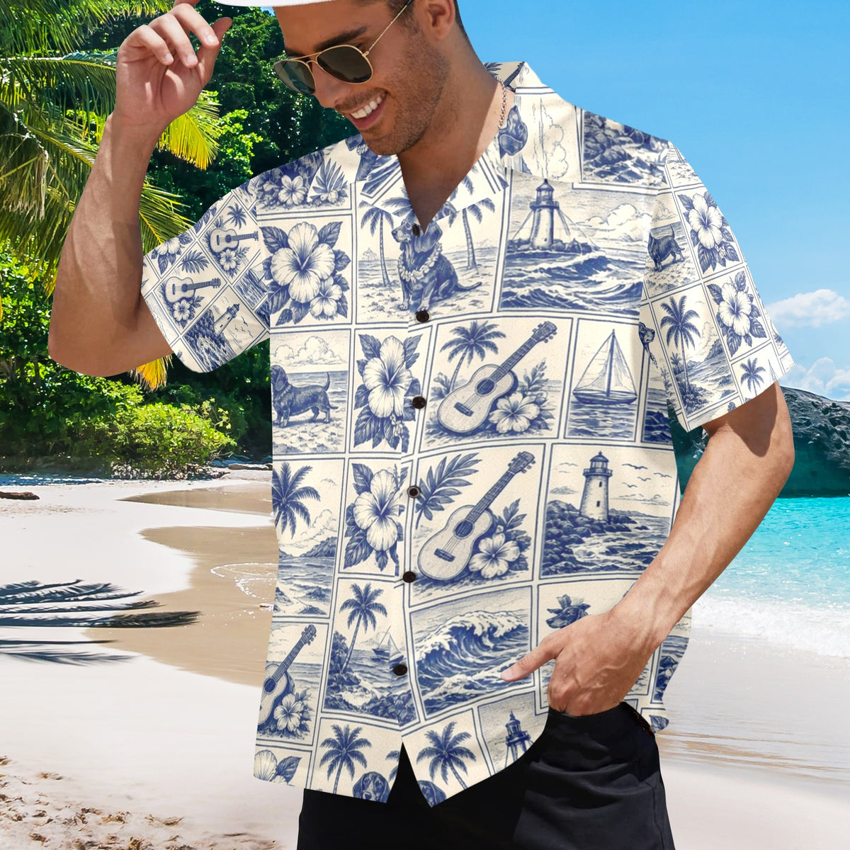 Dachshund Nautical Surf Style Men's All Over Print Hawaiian Shirt Made In USA Ships to USA Only