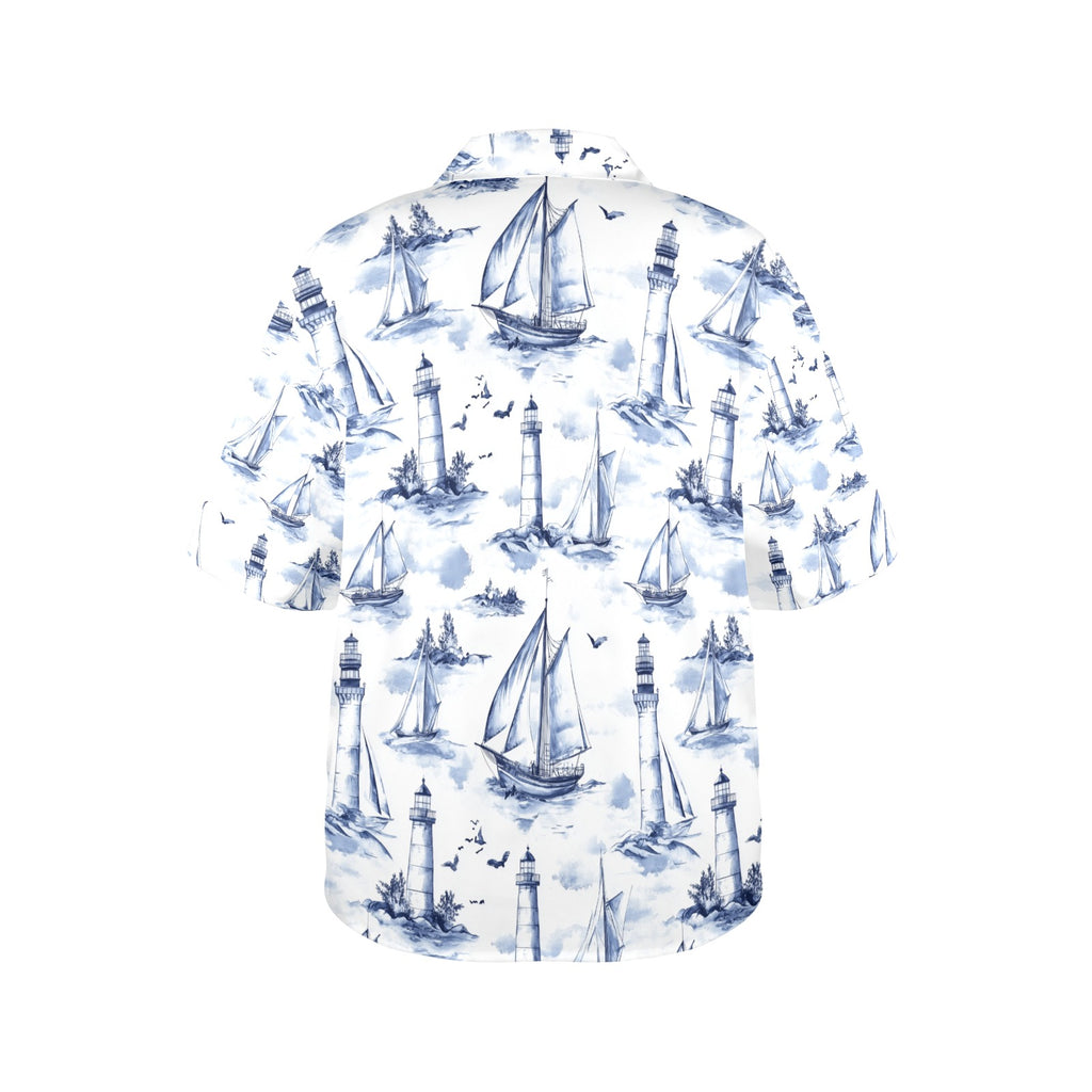 Lighthouse and Sail Ship Nautical Women's All Over Print Hawaiian Shirt Made in USA