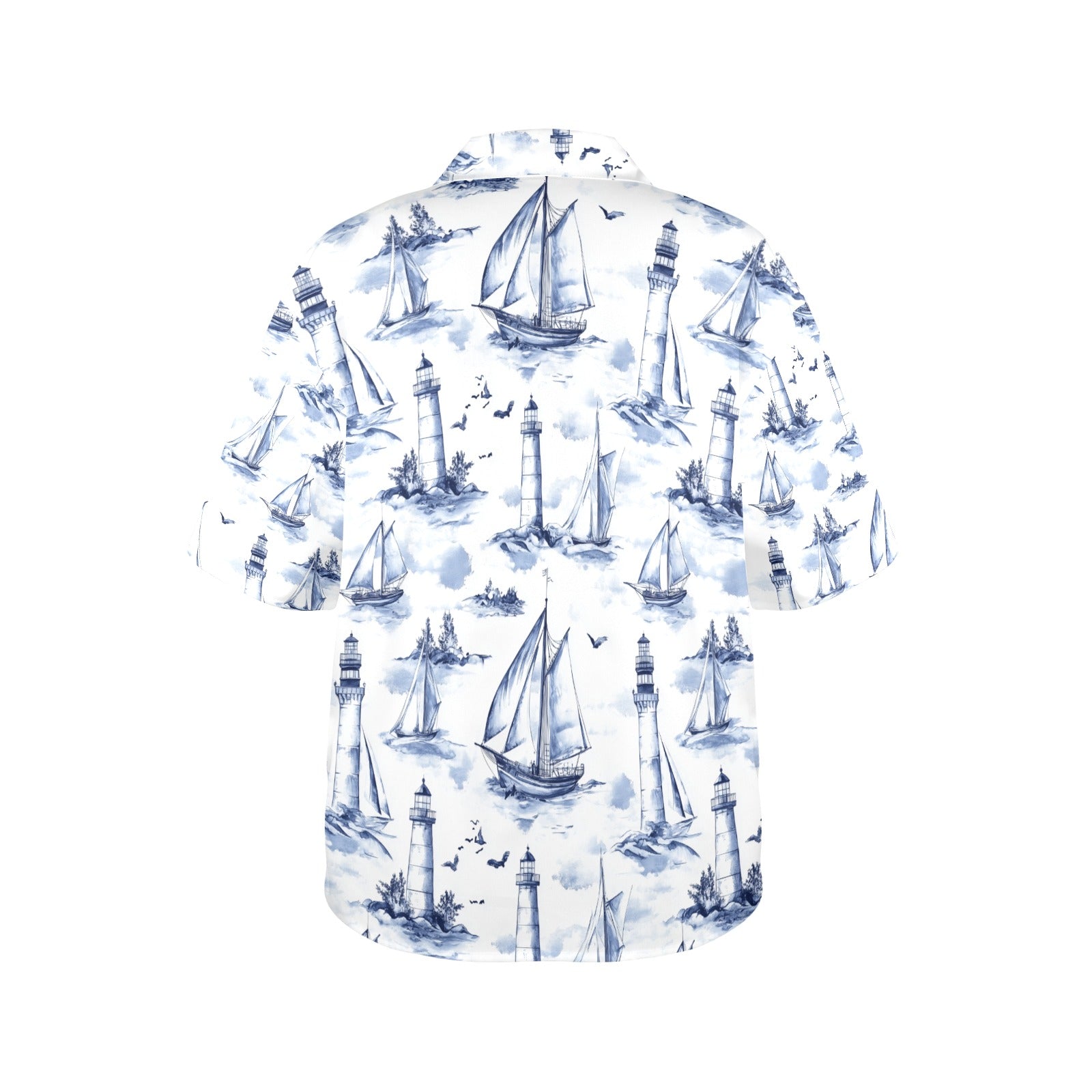 Lighthouse and Sail Ship Nautical Women's All Over Print Hawaiian Shirt Made in USA
