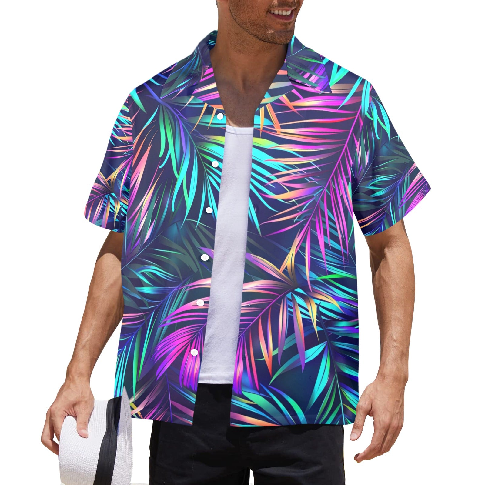 Neon Palms Men's All Over Print Hawaiian Shirt Made In USA Ships to USA Only