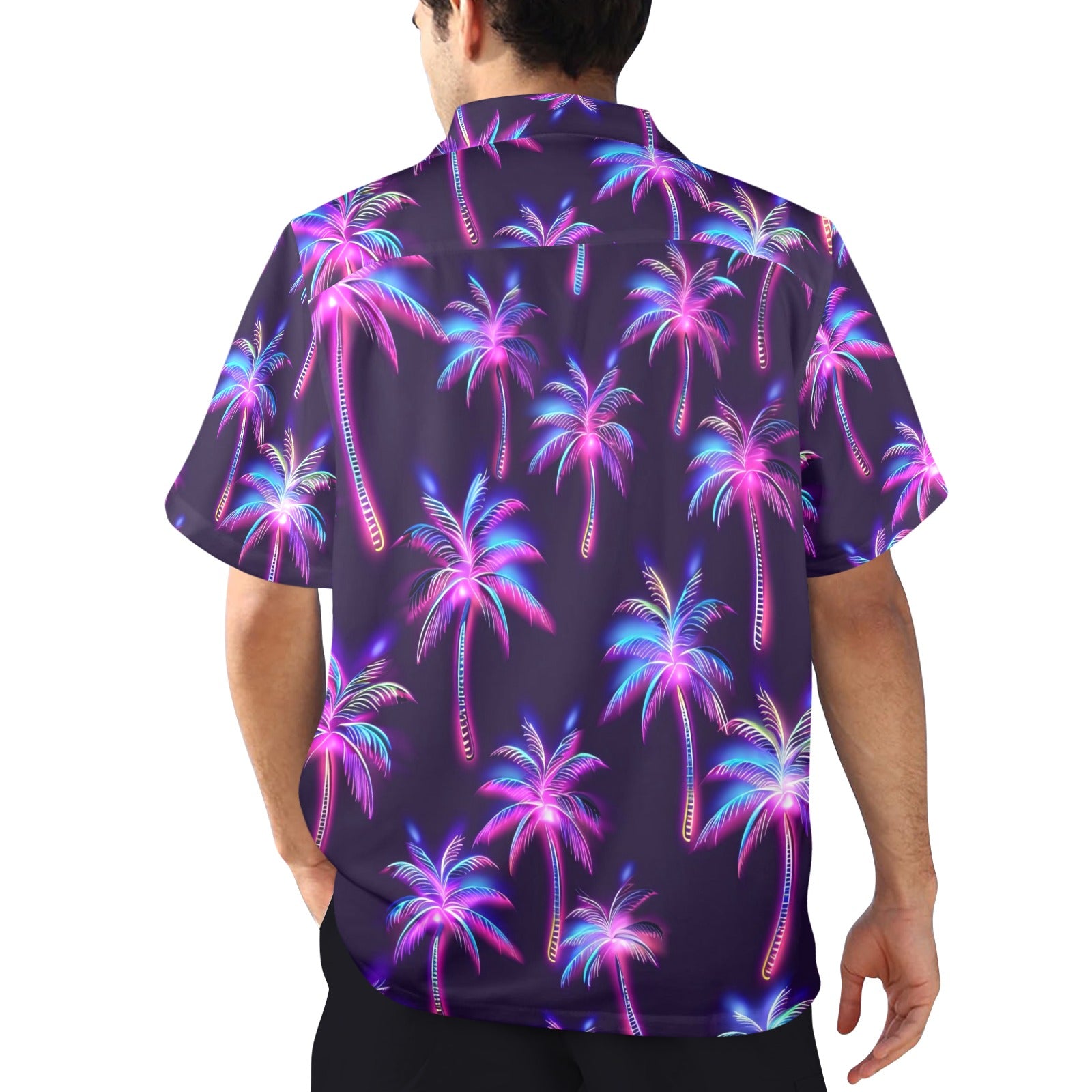 Neon Palm Trees Men's All Over Print Hawaiian Shirt Made In USA Ships to USA Only