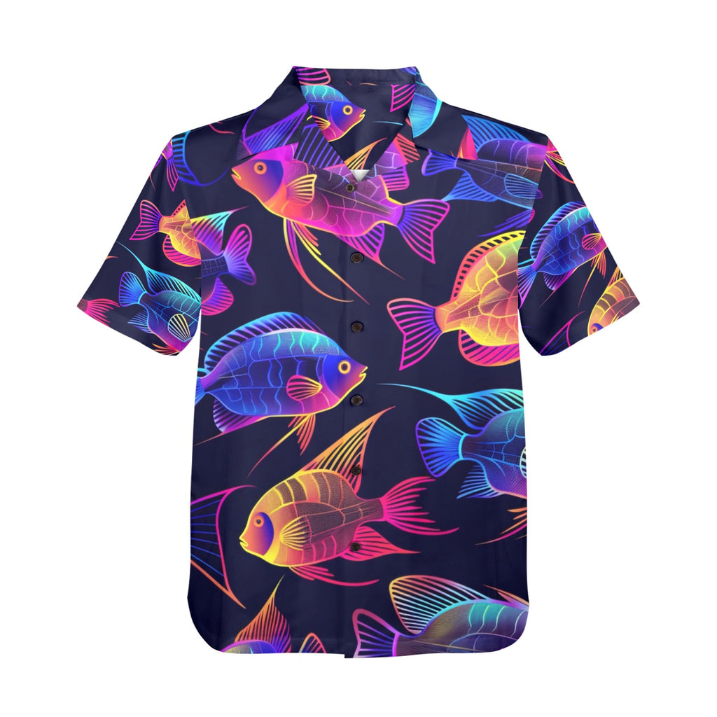 Tropical Neon Fish Men's All Over Print Hawaiian Shirt Made In USA Ships to USA Only