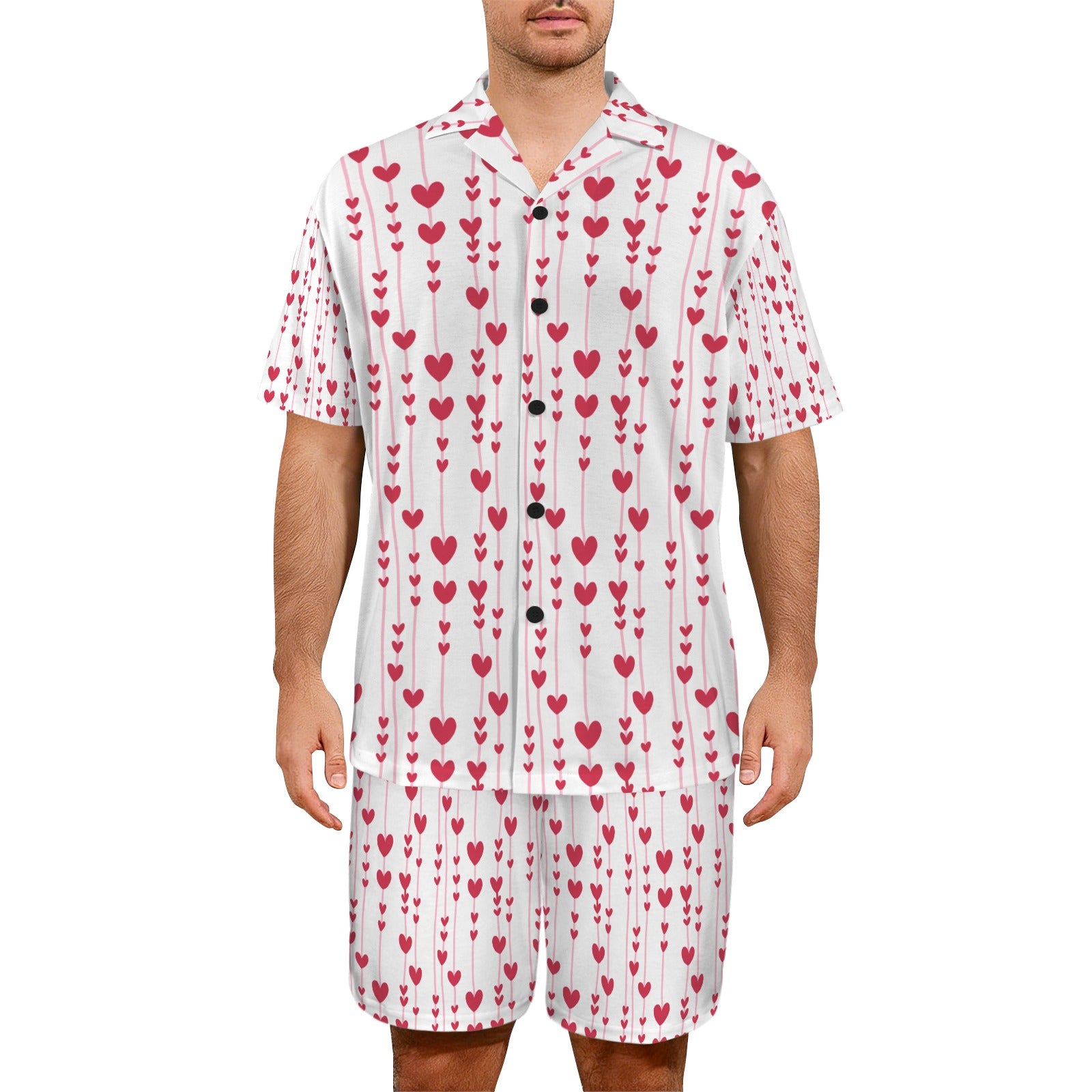 Hearts for You Men's V-Neck Short Pajama Set (Made in USA，Ships to USA Only)