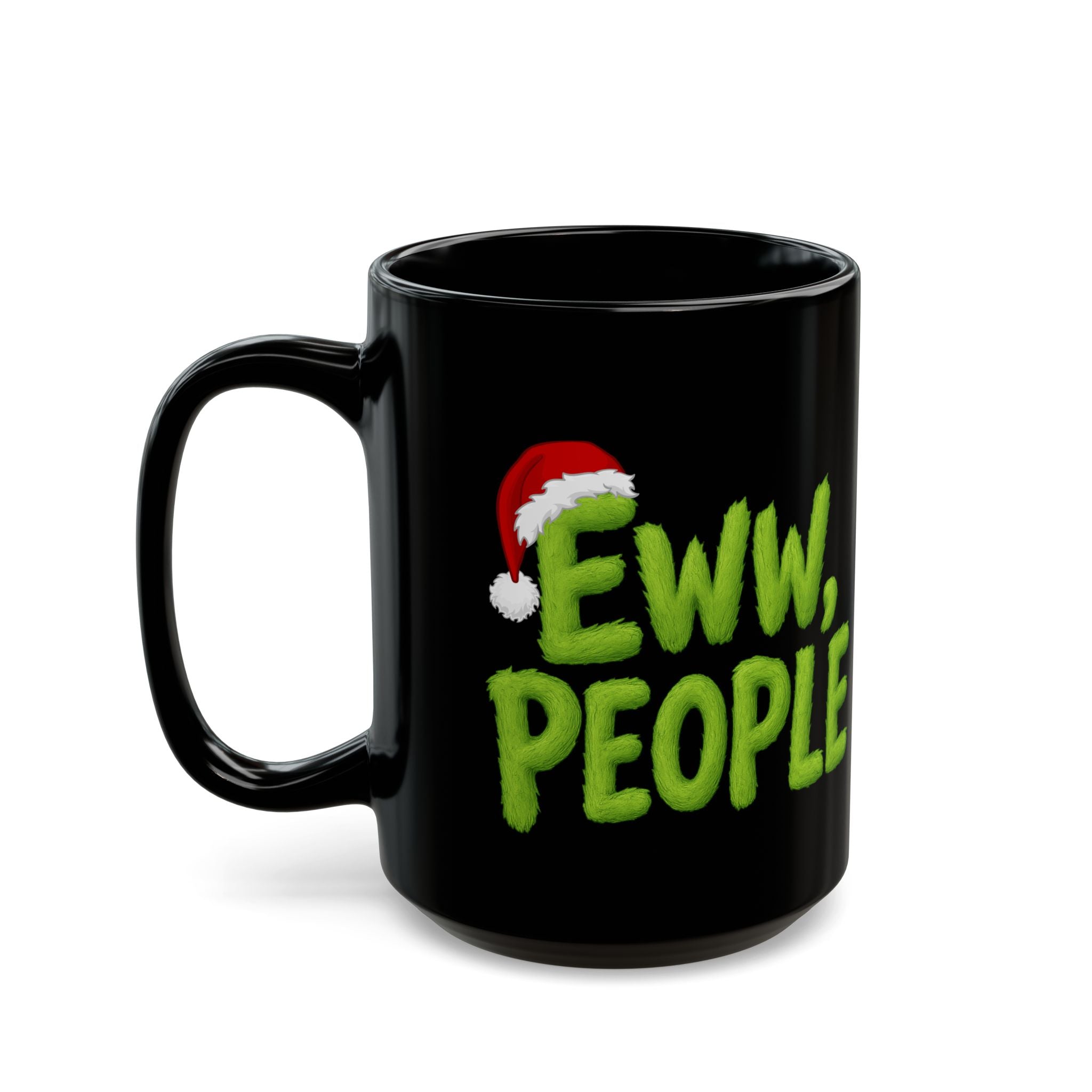 Eww People Mug | Black Ceramic Coffee Cup with Santa Hat Holiday Design