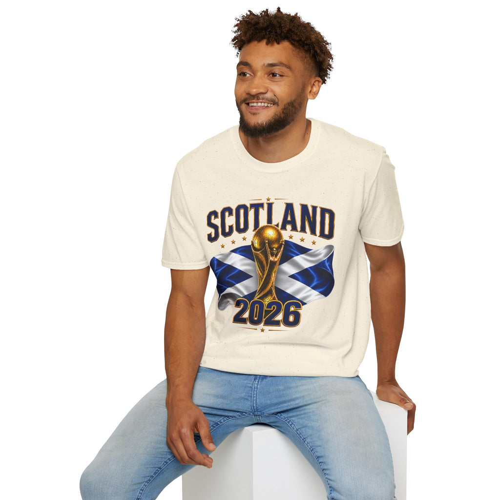 Scotland 2026 World Cup Soccer T-Shirt — Scottish Flag & Trophy Football Tee