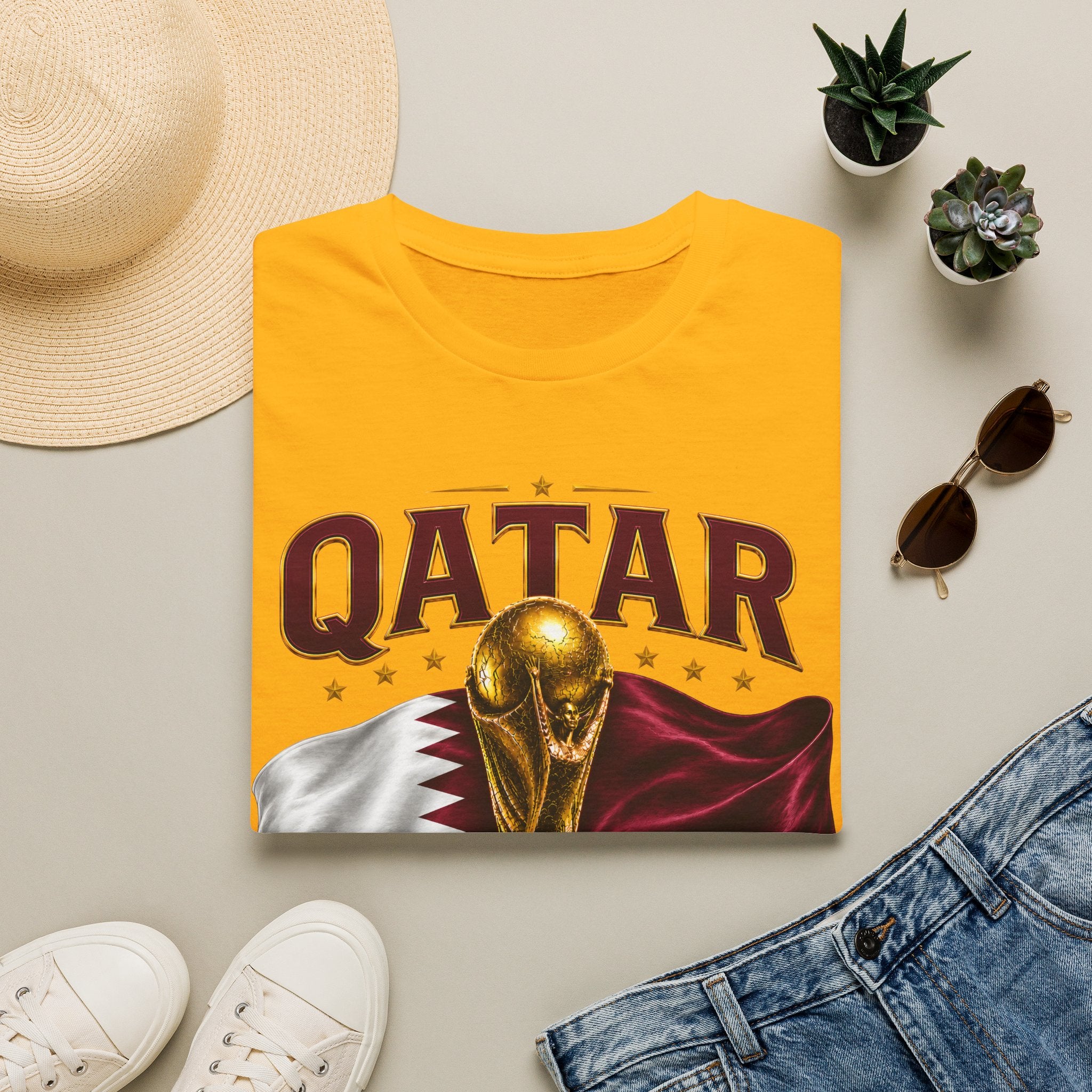 Qatar 2026 World Cup T-Shirt — Golden Trophy & Flag Soccer Tee