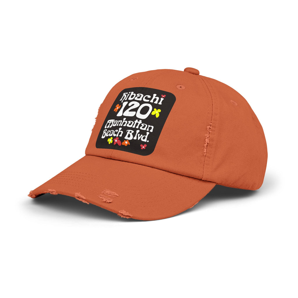 Distressed Cap — Hibachi 120 Manhattan Beach Blvd. Retro Floral Hat "Gone But Not Forgotten" #OldSchool