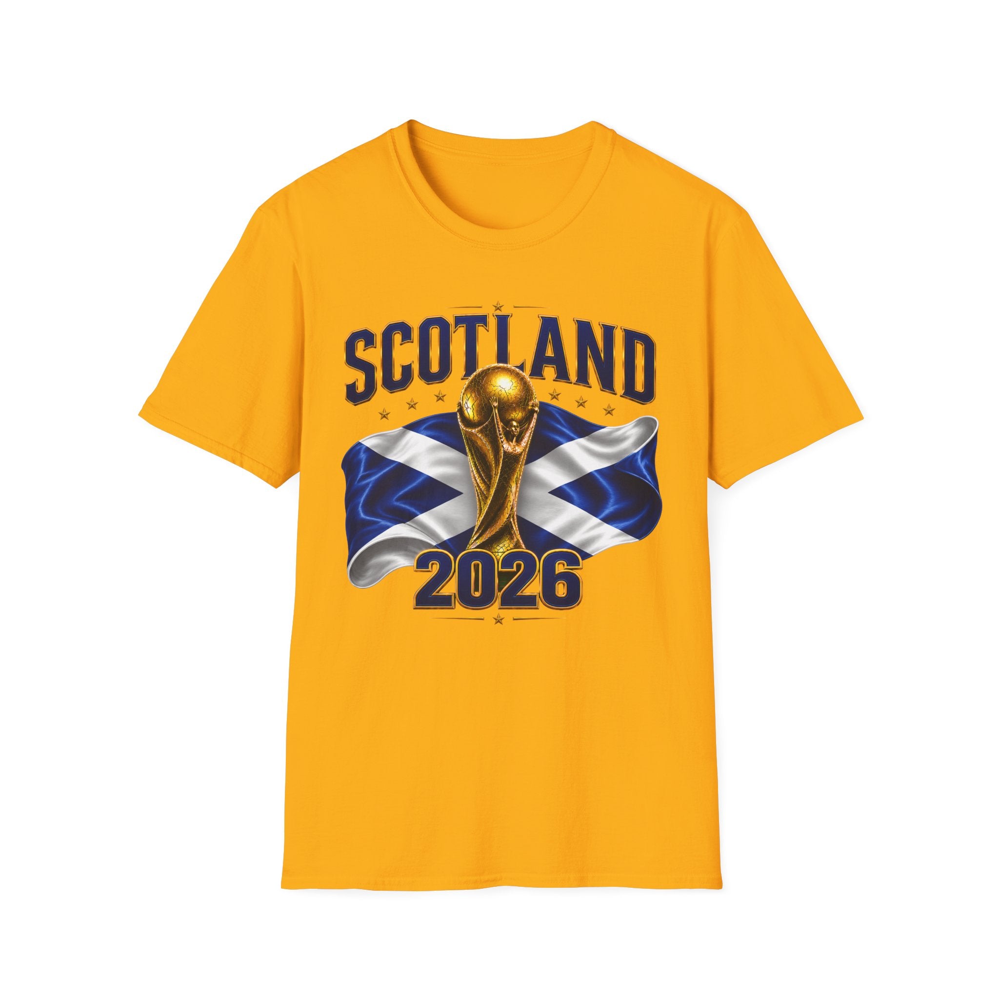 Scotland 2026 World Cup Soccer T-Shirt — Scottish Flag & Trophy Football Tee
