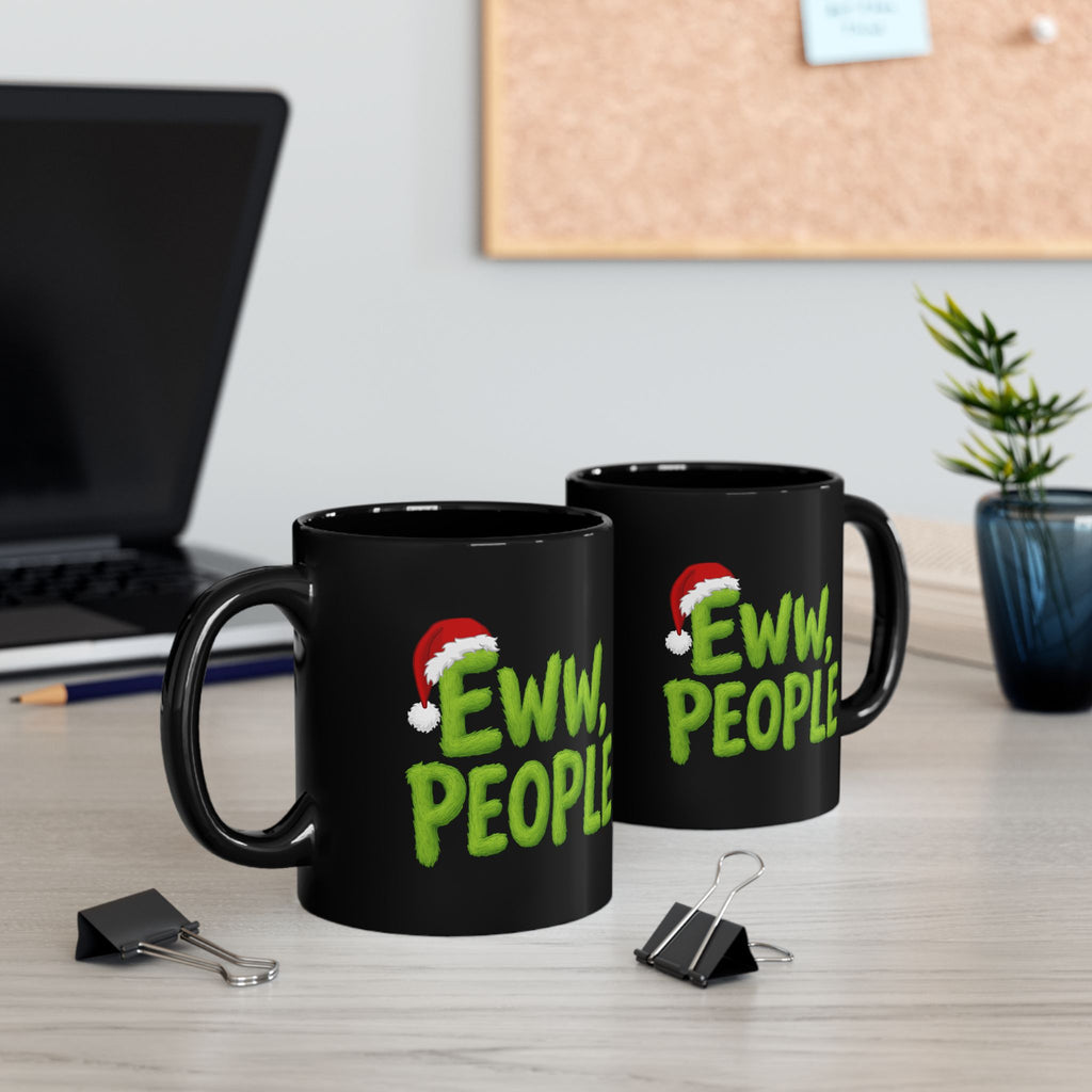 Eww People Mug | Black Ceramic Coffee Cup with Santa Hat Holiday Design