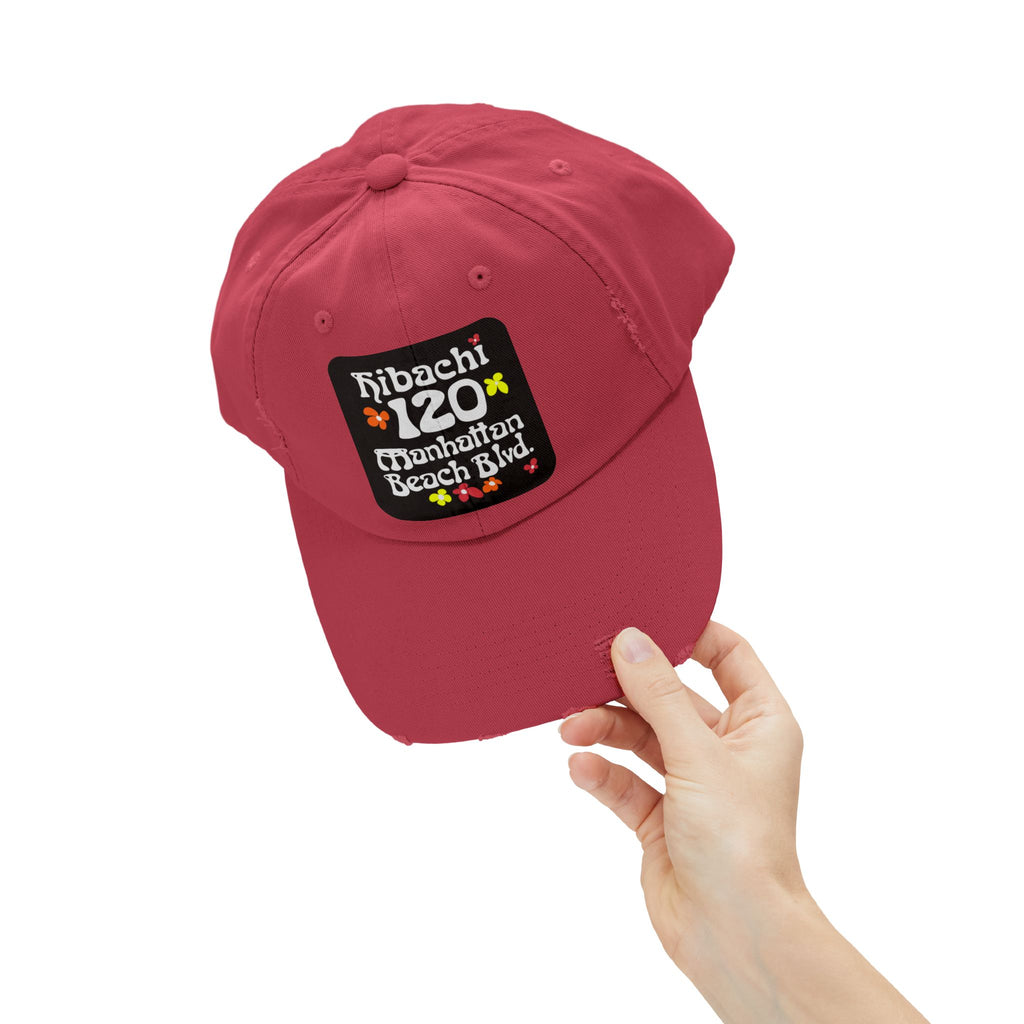 Distressed Cap — Hibachi 120 Manhattan Beach Blvd. Retro Floral Hat "Gone But Not Forgotten" #OldSchool
