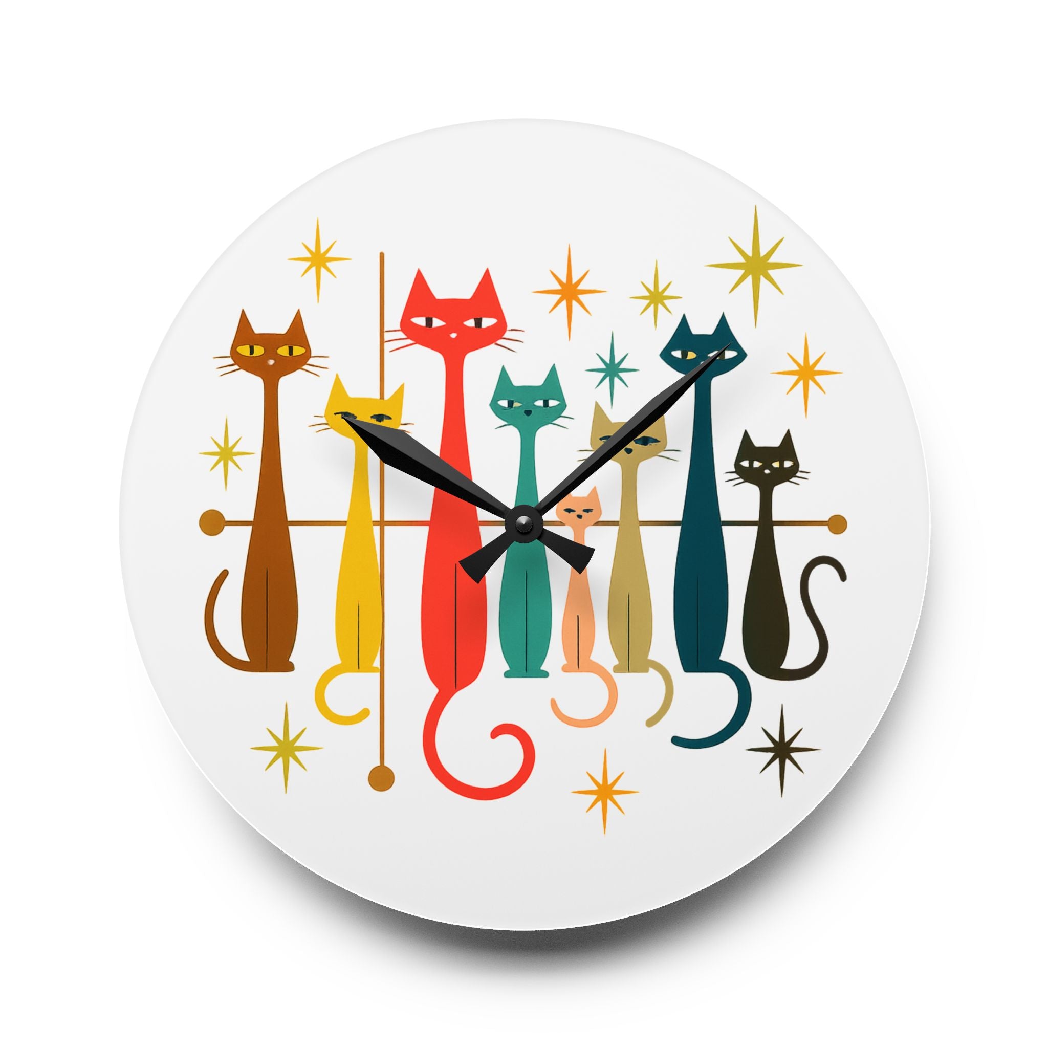 Retro Mid-Century Stylized Cats Acrylic Wall Clock | Pink Atomic Starburst