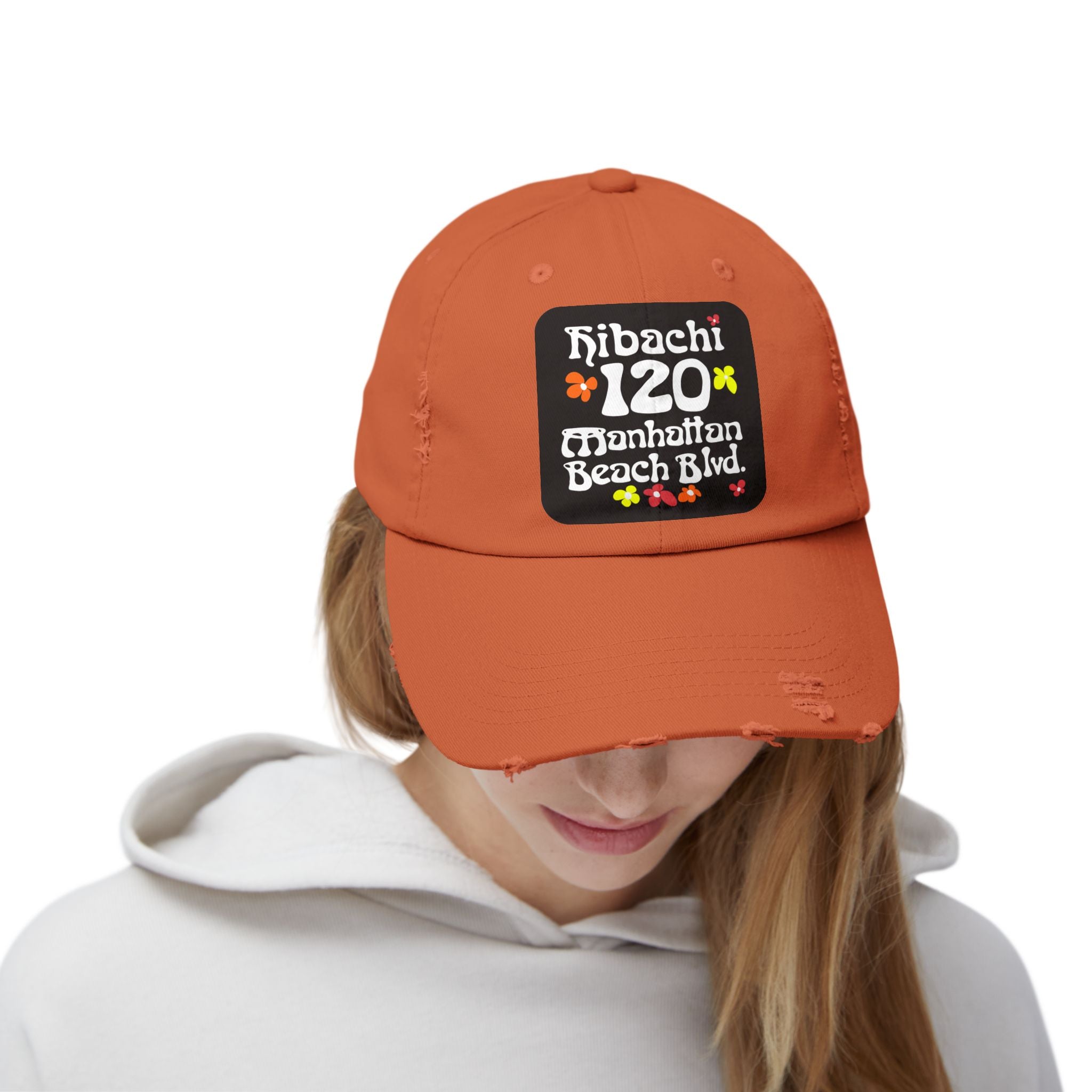 Distressed Cap — Hibachi 120 Manhattan Beach Blvd. Retro Floral Hat "Gone But Not Forgotten" #OldSchool