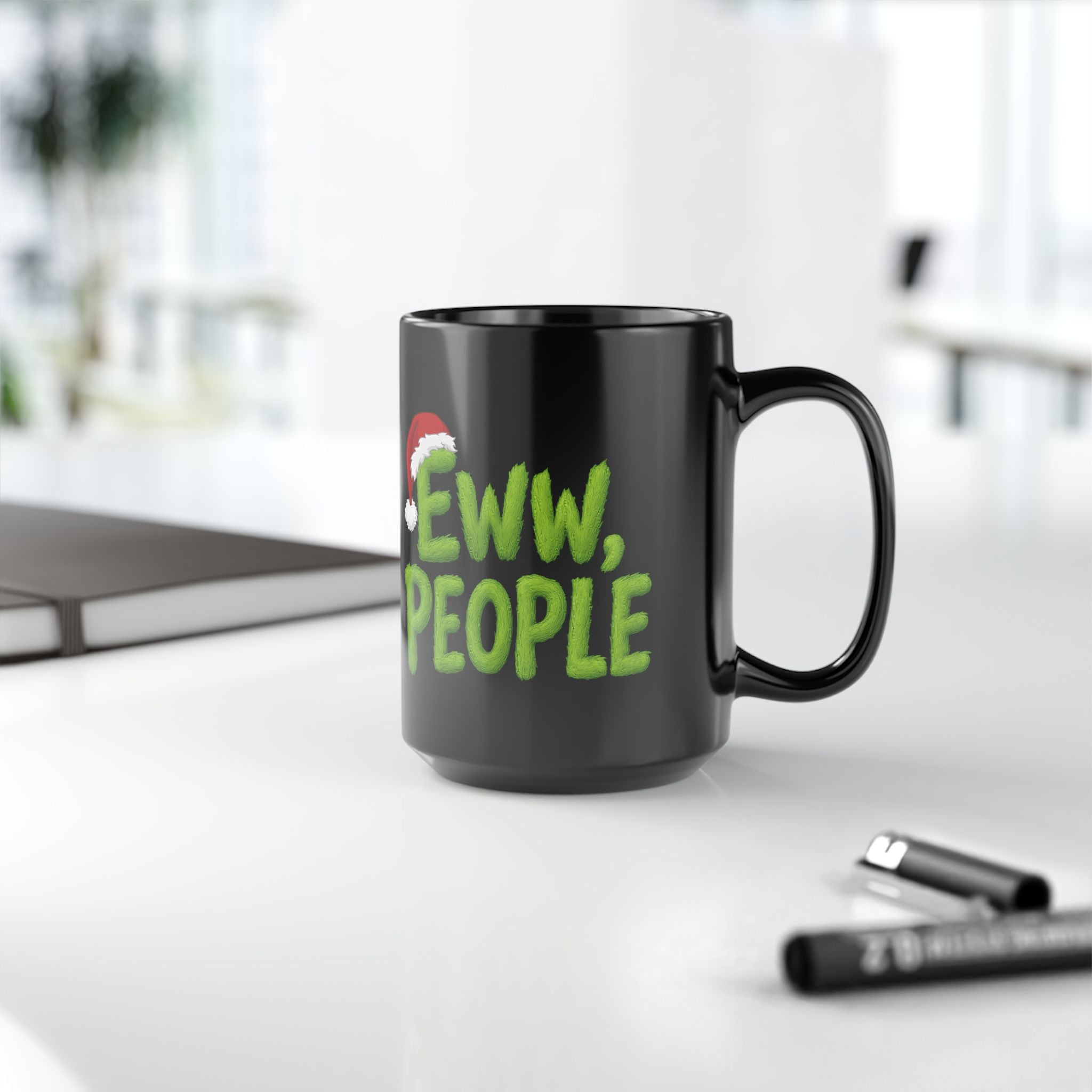 Eww People Mug | Black Ceramic Coffee Cup with Santa Hat Holiday Design
