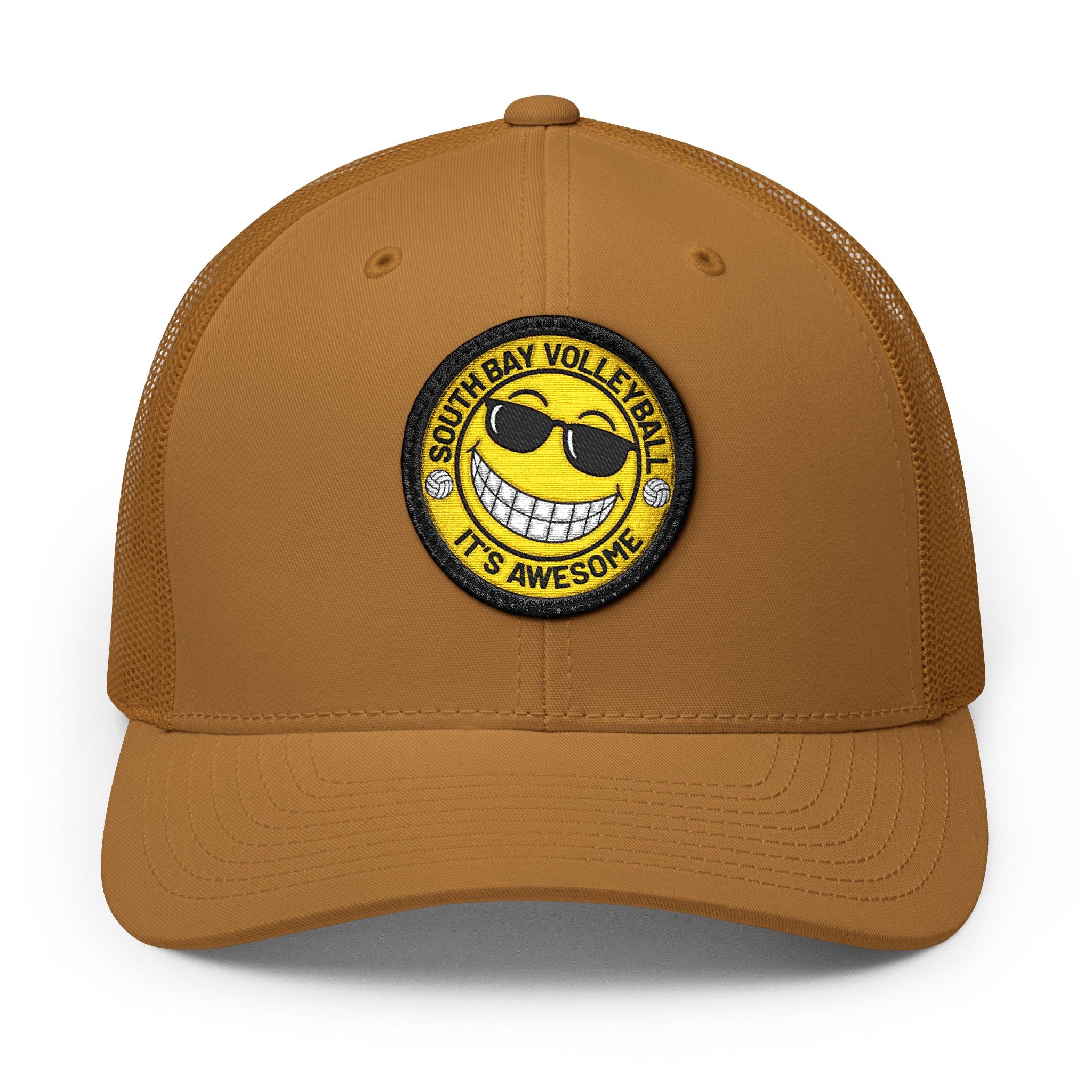 Embroidered Smiley Patch Trucker Hat — 'Smile, It's Awesome' Snapback