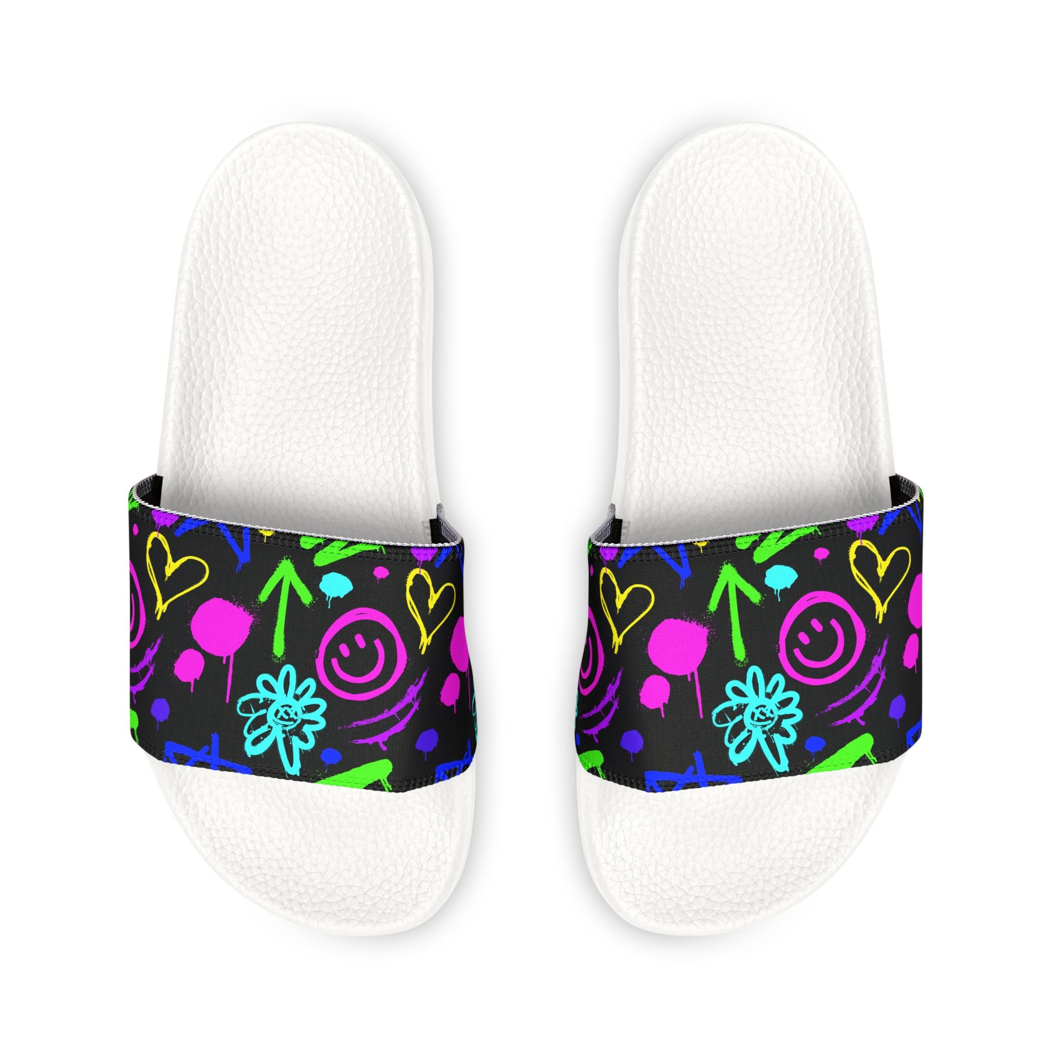 Neon Doodle Hearts and Flowers Youth Sandals | Removable Strap Slides