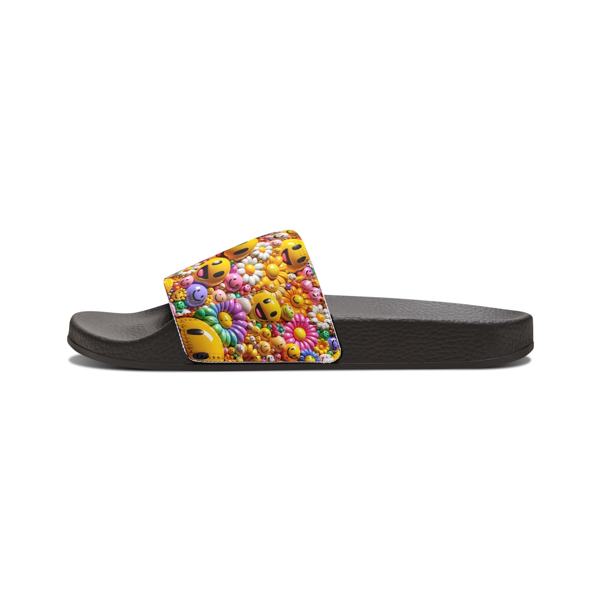 Smiley Flower Pattern Sandals | Youth Slides with Emoji Floral Strap