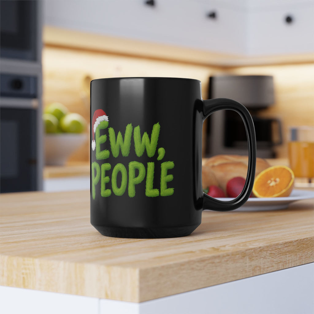 Eww People Mug | Black Ceramic Coffee Cup with Santa Hat Holiday Design