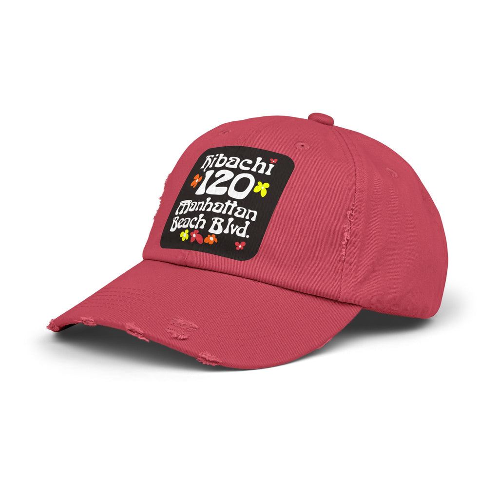 Distressed Cap — Hibachi 120 Manhattan Beach Blvd. Retro Floral Hat "Gone But Not Forgotten" #OldSchool