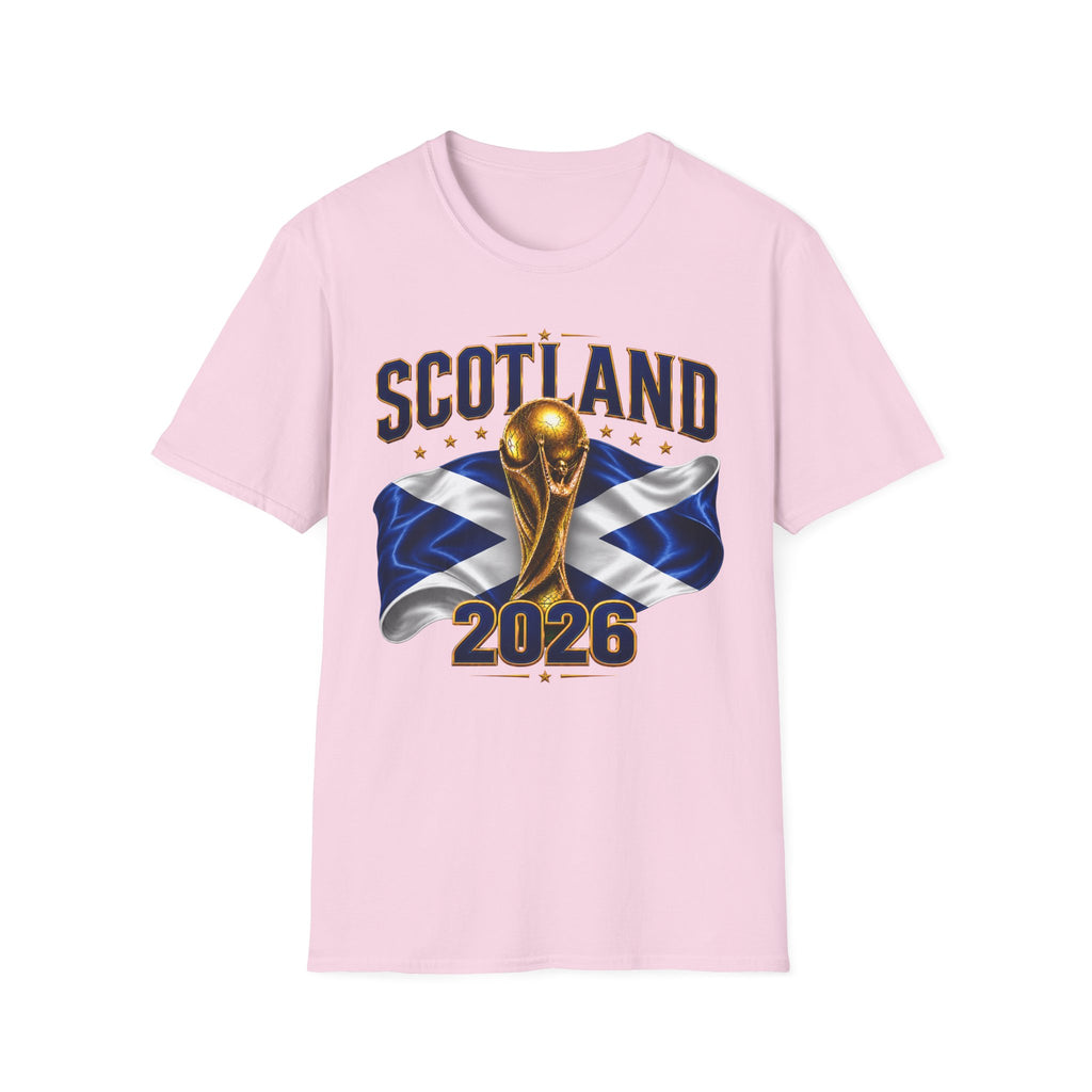 Scotland 2026 World Cup Soccer T-Shirt — Scottish Flag & Trophy Football Tee
