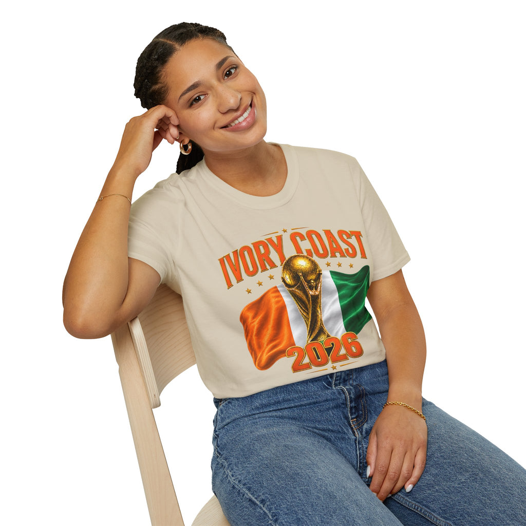 Ivory Coast 2026 World Cup T‑Shirt — FIFA Trophy & Flag Soccer Fan Tee