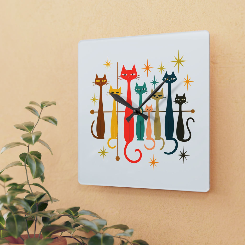 Retro Mid-Century Stylized Cats Acrylic Wall Clock | Pink Atomic Starburst