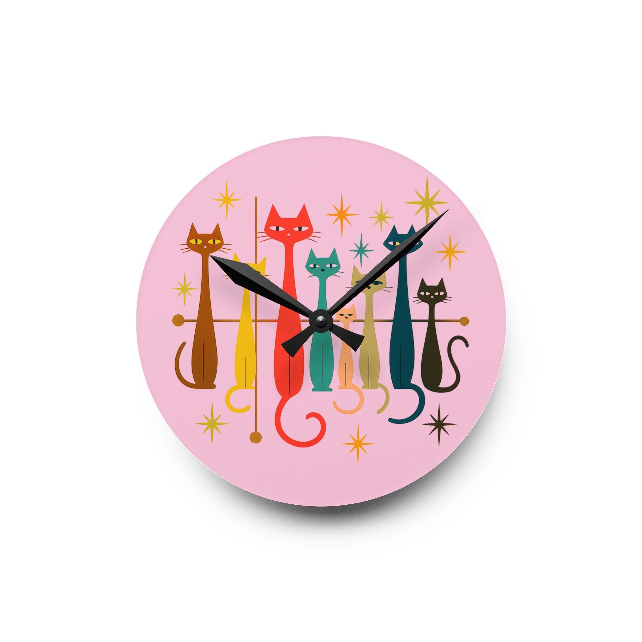 Retro Mid-Century Stylized Cats Acrylic Wall Clock | Pink Atomic Starburst