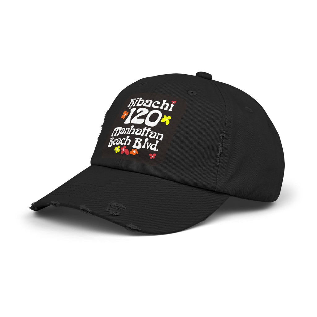 Distressed Cap — Hibachi 120 Manhattan Beach Blvd. Retro Floral Hat "Gone But Not Forgotten" #OldSchool