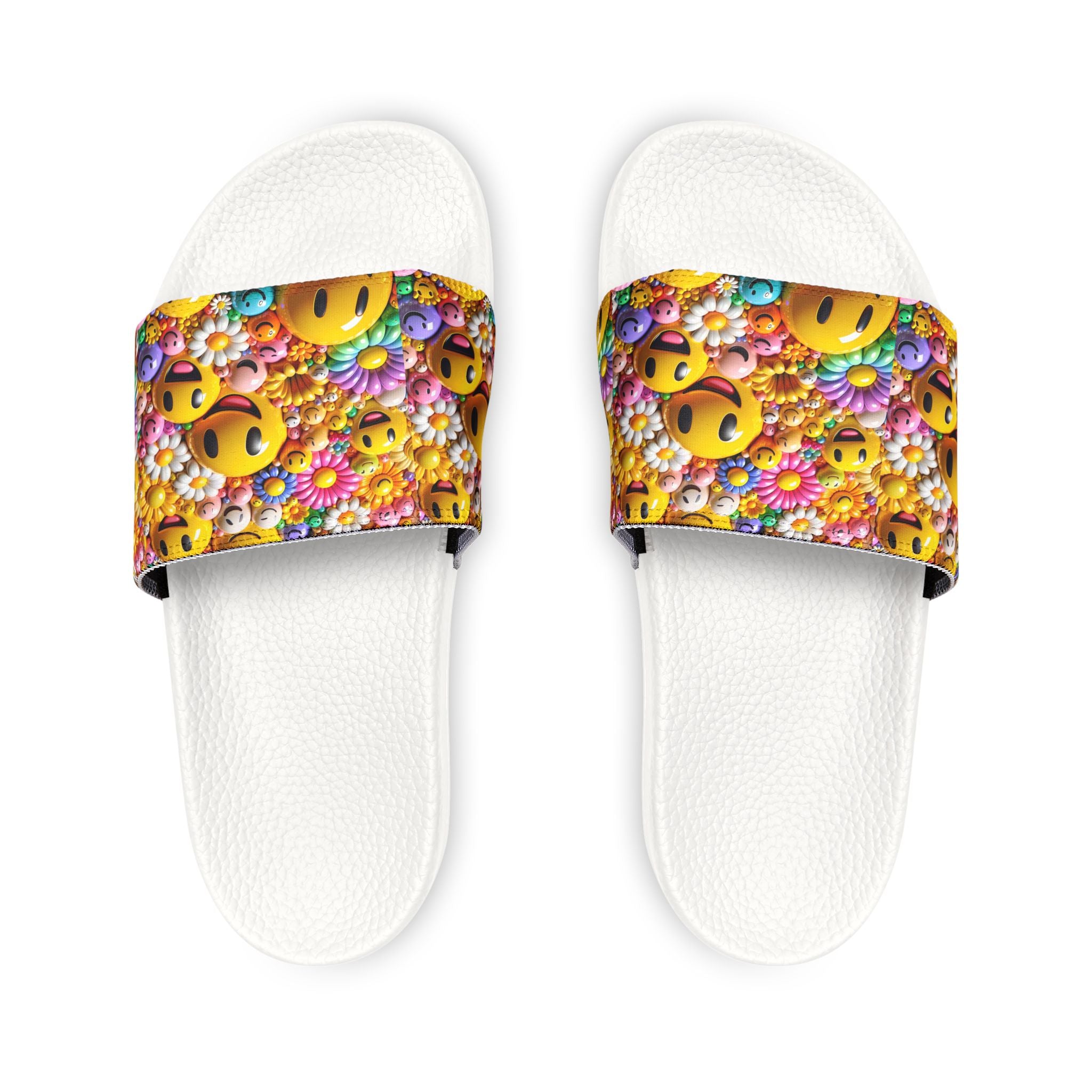 Smiley Flower Pattern Sandals | Youth Slides with Emoji Floral Strap