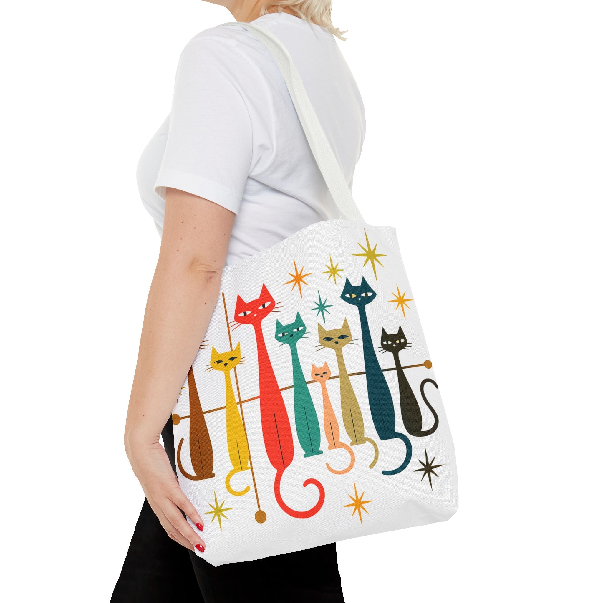 Retro Long Cats Tote Bag | Colorful Mid-Century Cat Pattern