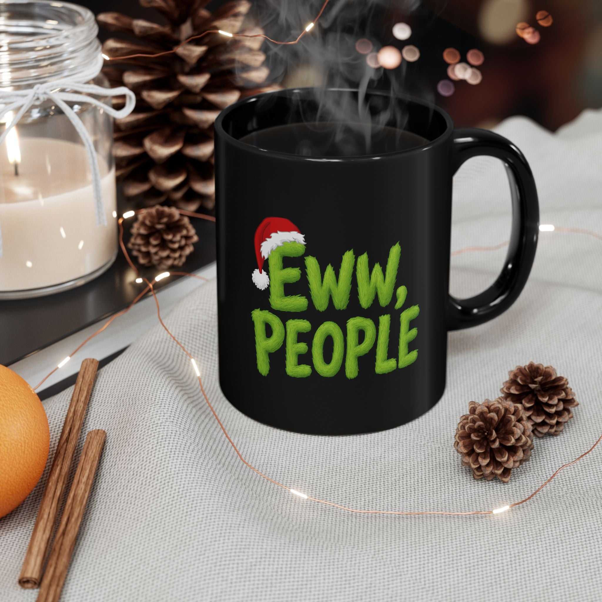 Eww People Mug | Black Ceramic Coffee Cup with Santa Hat Holiday Design