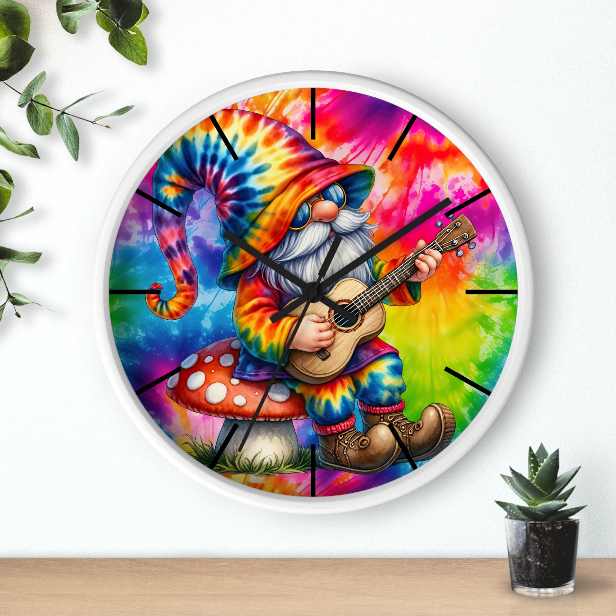 Tie-Dye Gnome Wall Clock — Psychedelic Mushroom Guitar Decor