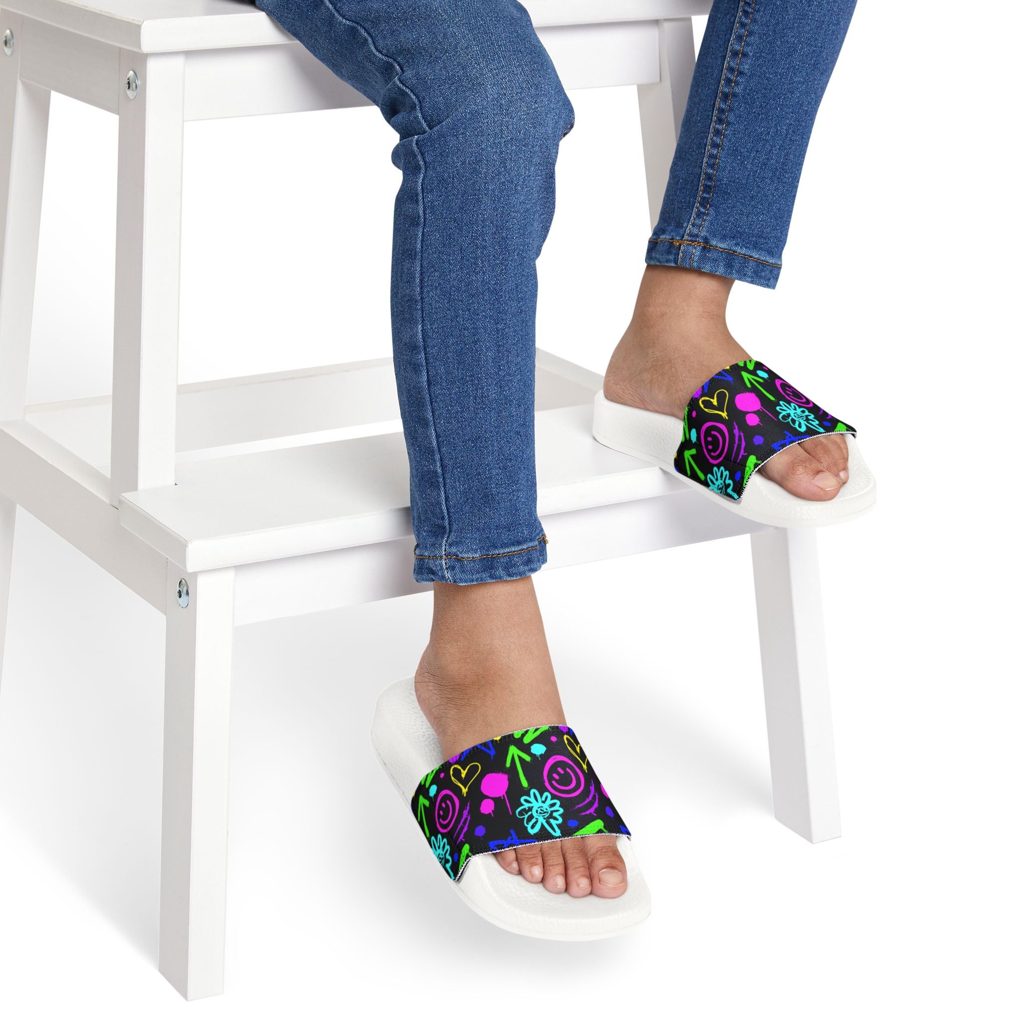 Neon Doodle Hearts and Flowers Youth Sandals | Removable Strap Slides