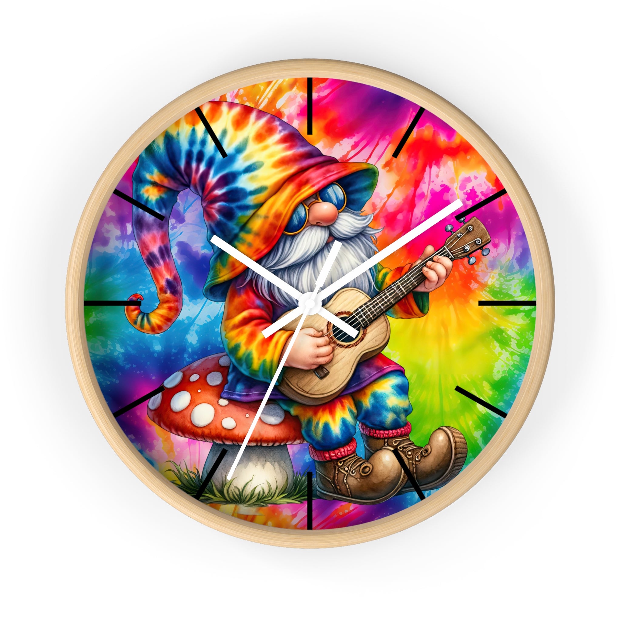Tie-Dye Gnome Wall Clock — Psychedelic Mushroom Guitar Decor