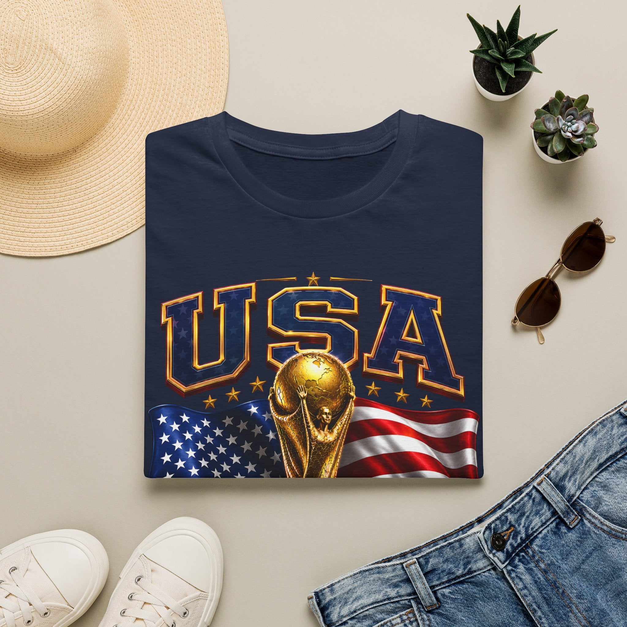 USA World Cup 2026 Soccer T-Shirt – American Flag & Trophy Design
