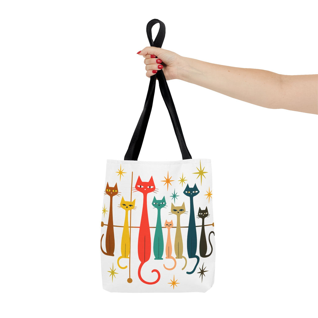 Retro Long Cats Tote Bag | Colorful Mid-Century Cat Pattern