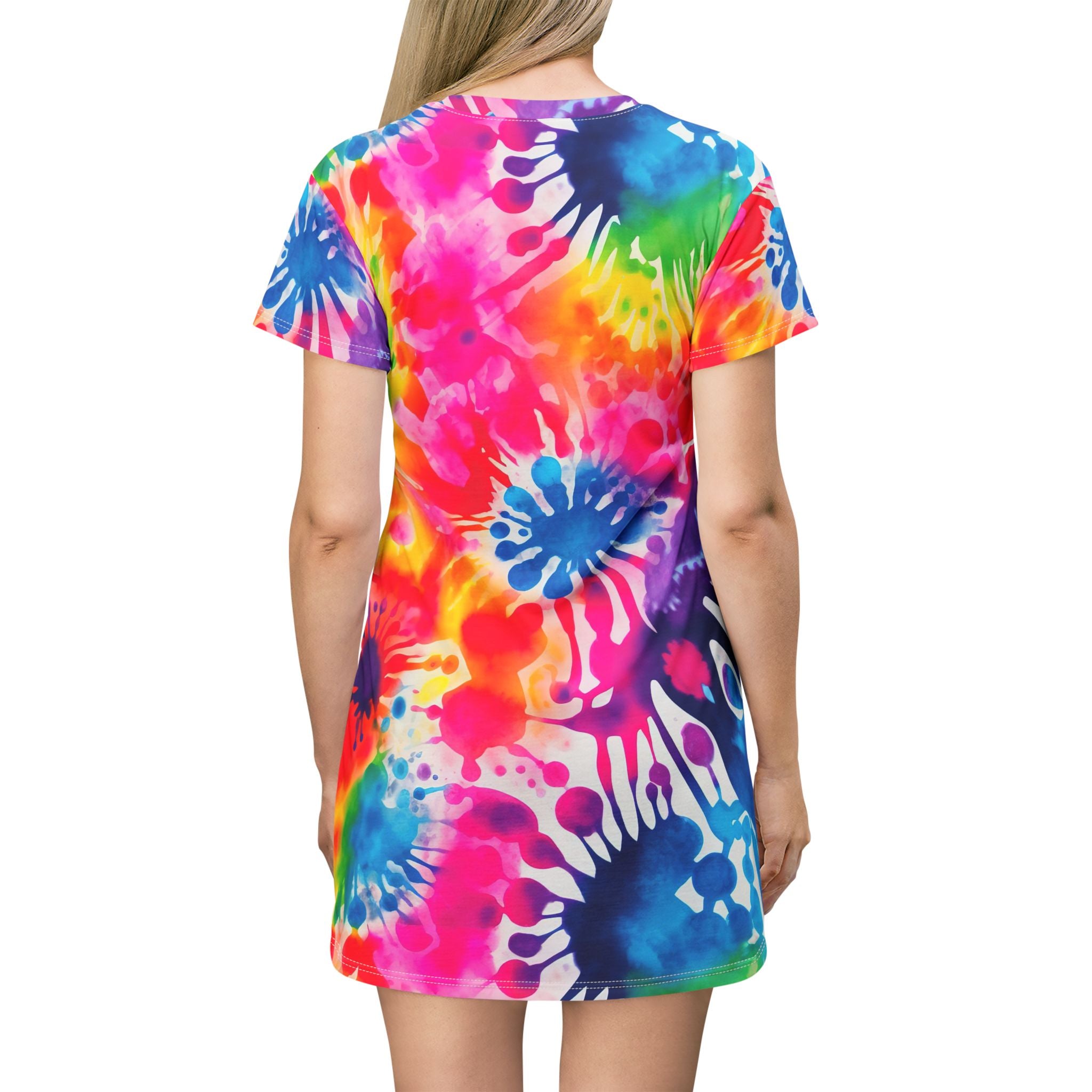 Tie-Dye Splash T-Shirt Dress — Colorful All-Over Print Summer Dress