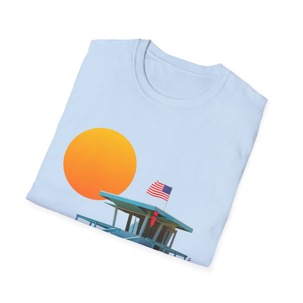South Bay Lifeguard Stand with American Flag Beach Scene M/W Softstyle T-Shirt