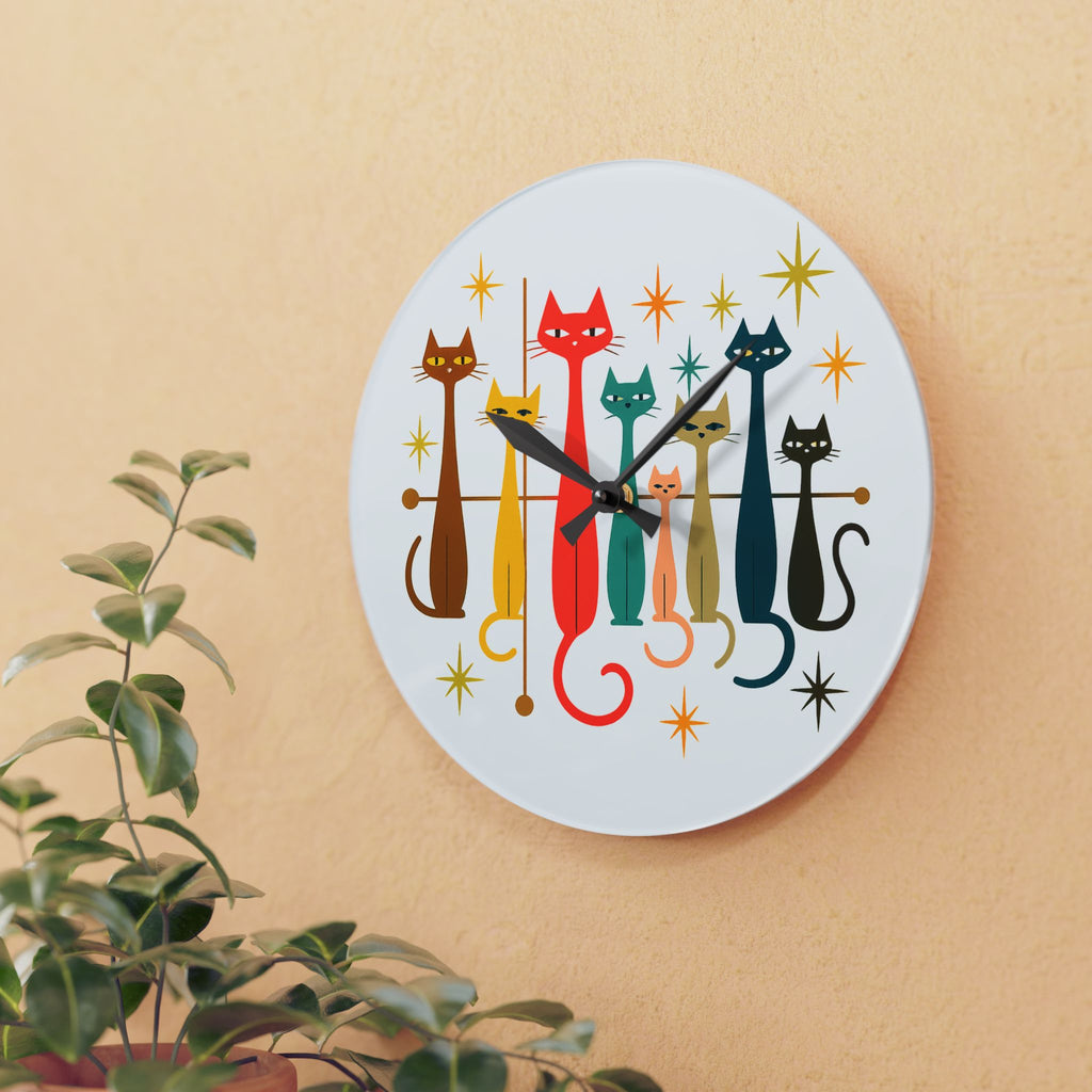 Retro Mid-Century Stylized Cats Acrylic Wall Clock | Pink Atomic Starburst