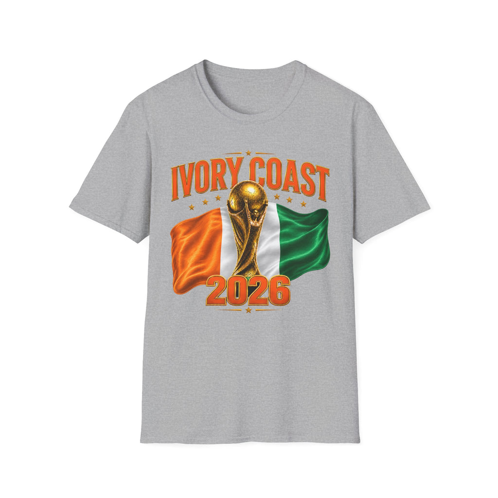 Ivory Coast 2026 World Cup T‑Shirt — FIFA Trophy & Flag Soccer Fan Tee
