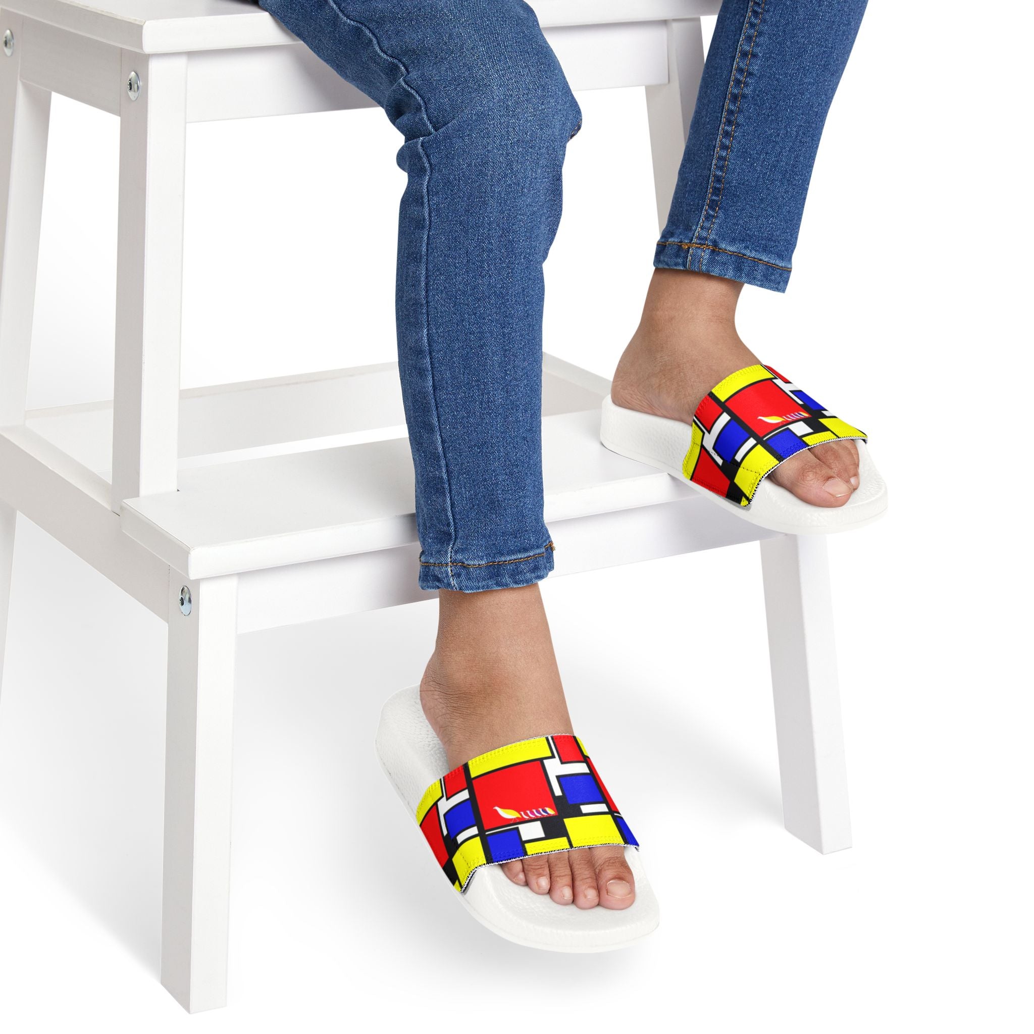 Primary Colors Geometric Blocks Youth Sandals | Mondrian Inspired Slides