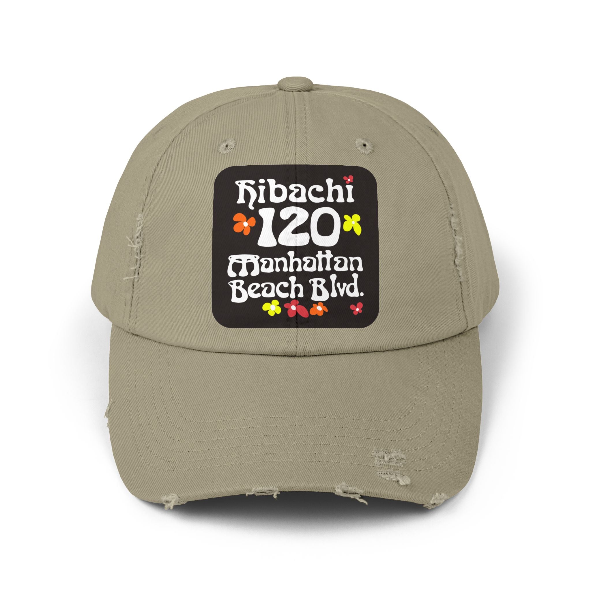 Distressed Cap — Hibachi 120 Manhattan Beach Blvd. Retro Floral Hat "Gone But Not Forgotten" #OldSchool