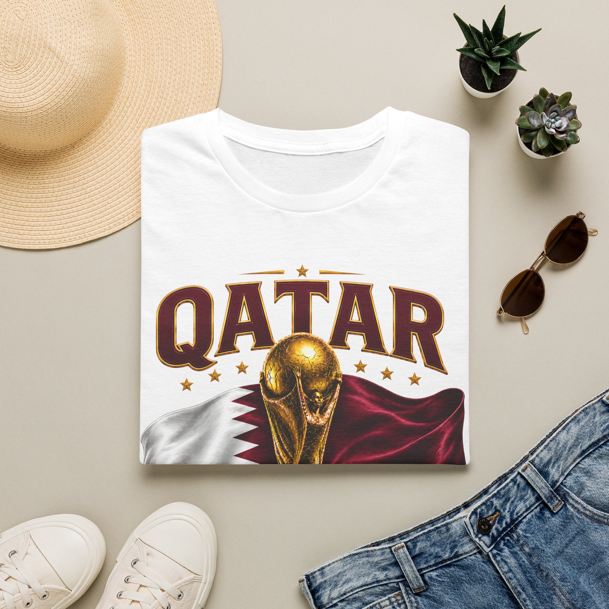 Qatar 2026 World Cup T-Shirt — Golden Trophy & Flag Soccer Tee