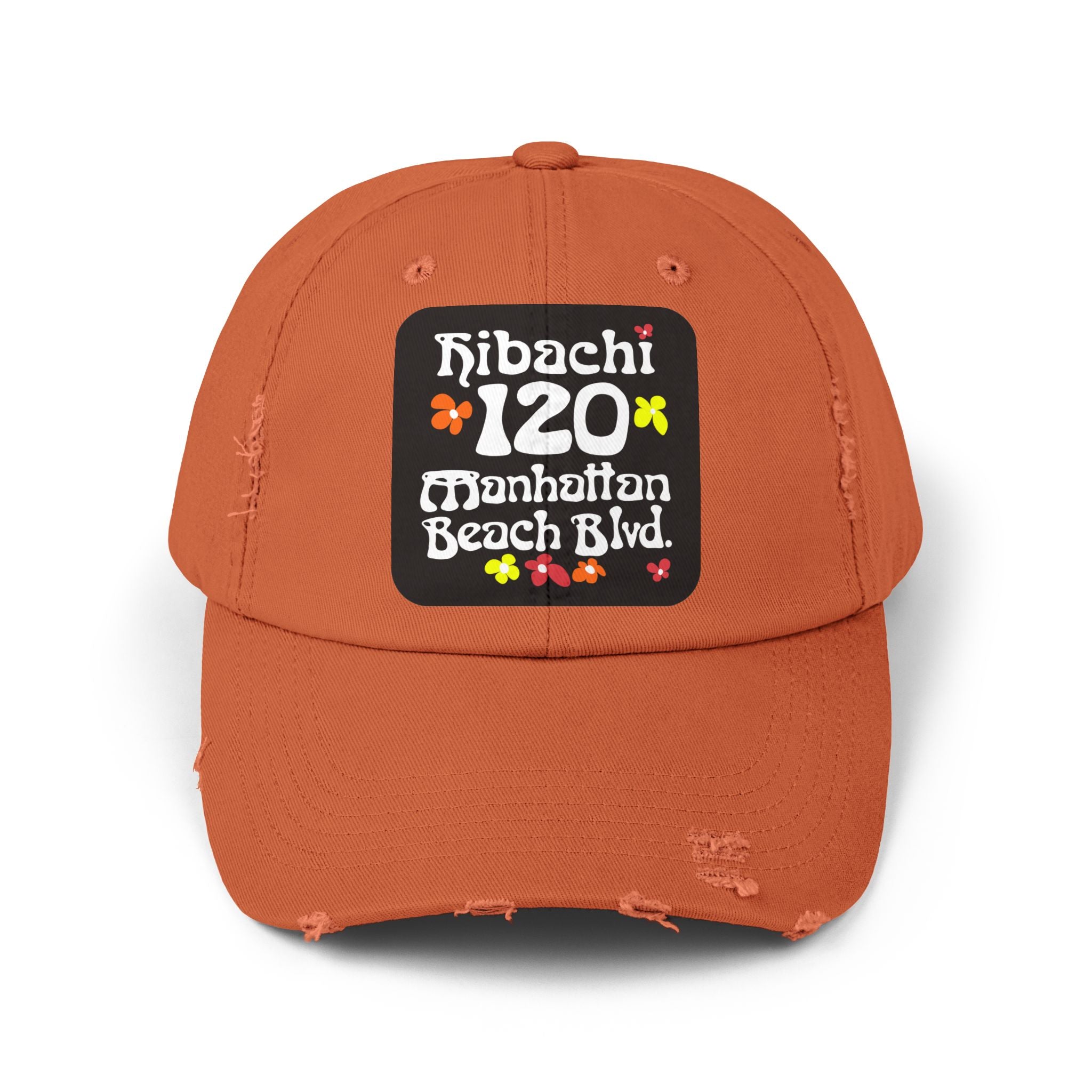 Distressed Cap — Hibachi 120 Manhattan Beach Blvd. Retro Floral Hat "Gone But Not Forgotten" #OldSchool