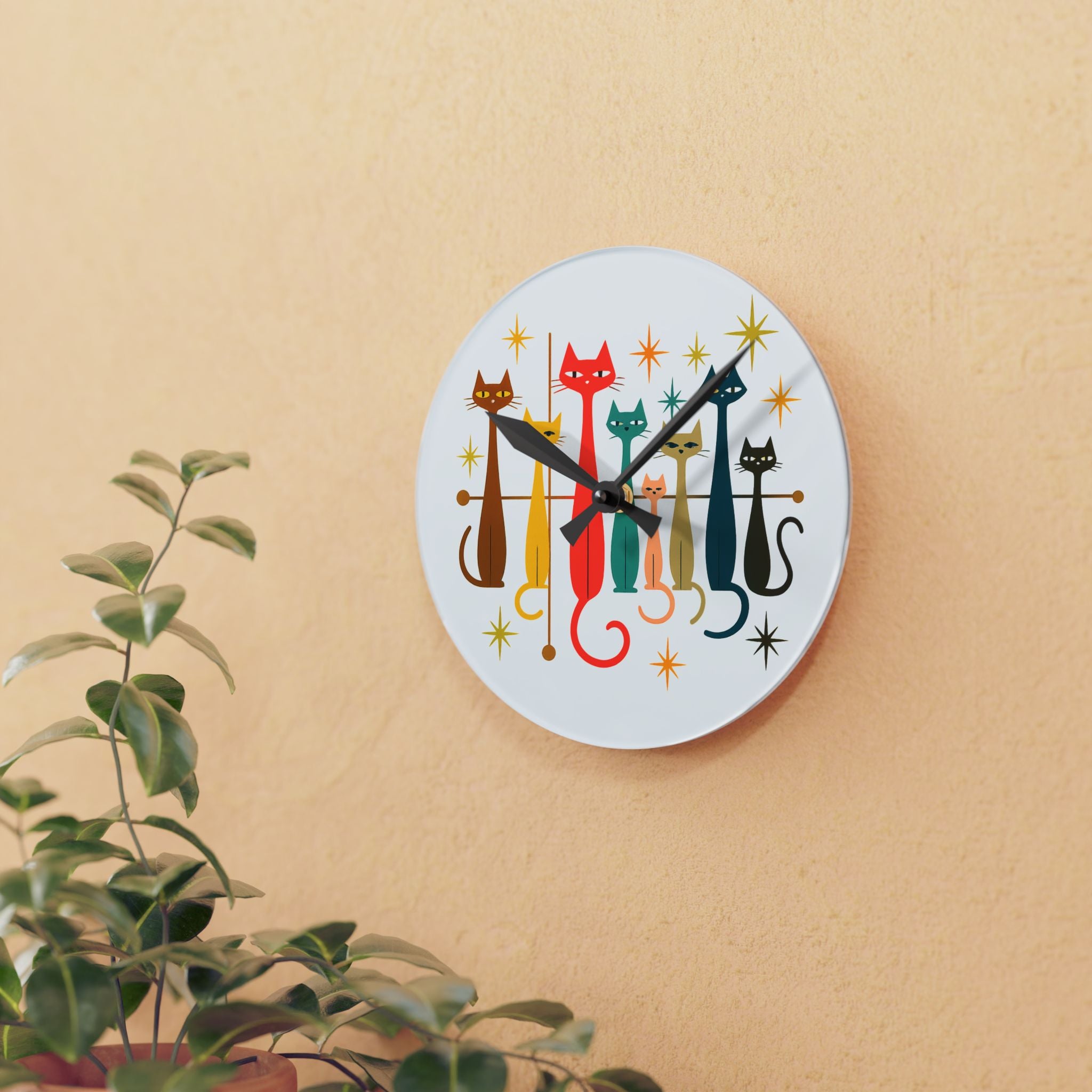 Retro Mid-Century Stylized Cats Acrylic Wall Clock | Pink Atomic Starburst