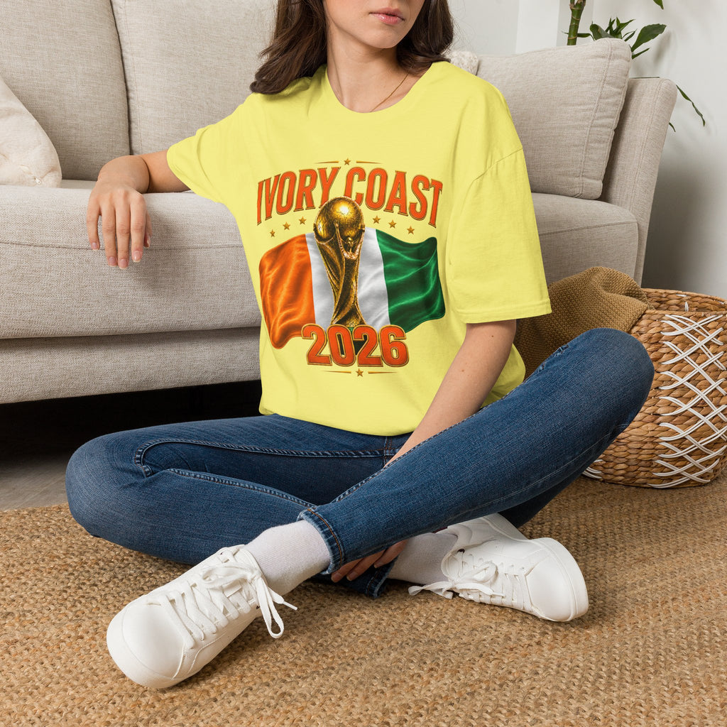 Ivory Coast 2026 World Cup T‑Shirt — FIFA Trophy & Flag Soccer Fan Tee