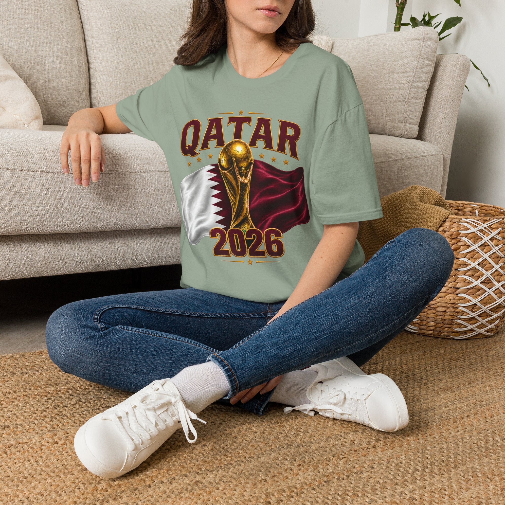 Qatar 2026 World Cup T-Shirt — Golden Trophy & Flag Soccer Tee