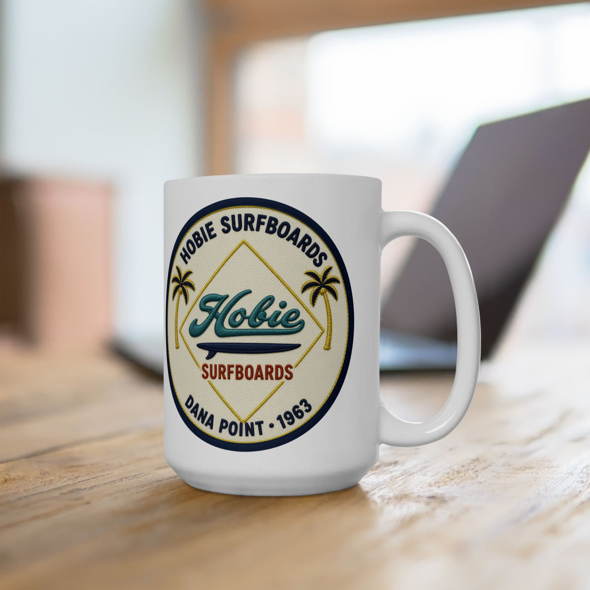 Vintage Beach Club Hobie Surfboards Ceramic Mug – Retro Palm Tree Surf Emblem Since 1963  (11oz, 15oz)