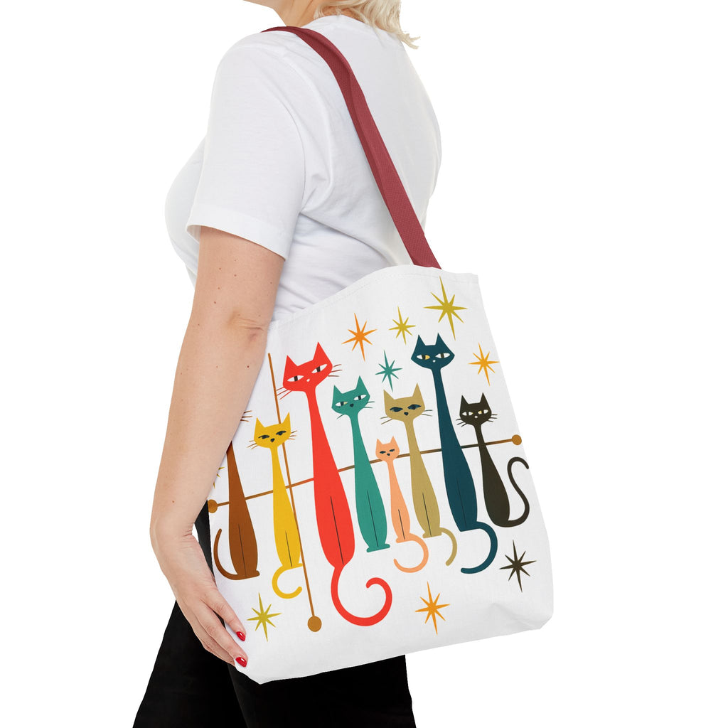 Retro Long Cats Tote Bag | Colorful Mid-Century Cat Pattern