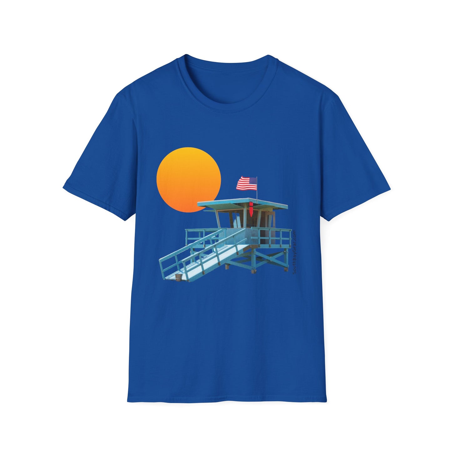 South Bay Lifeguard Stand with American Flag Beach Scene M/W Softstyle T-Shirt