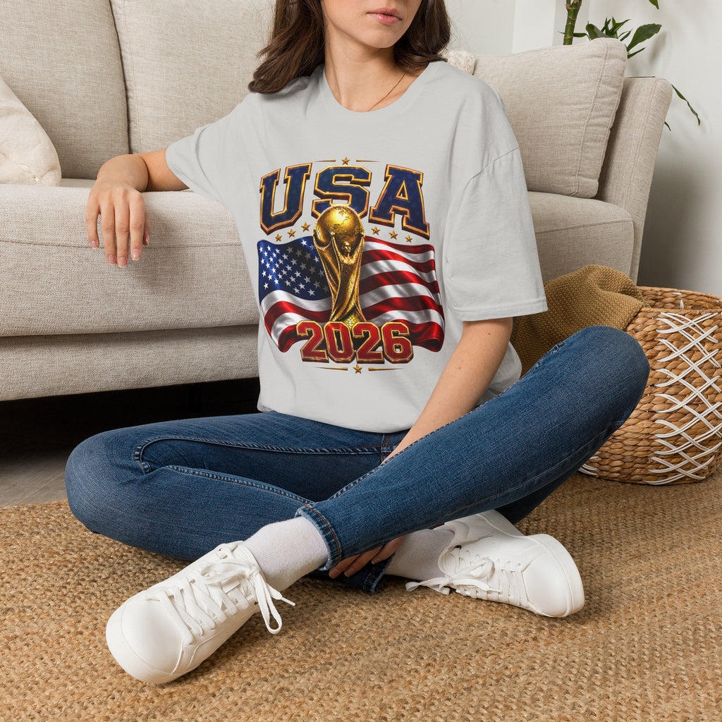 USA World Cup 2026 Soccer T-Shirt – American Flag & Trophy Design